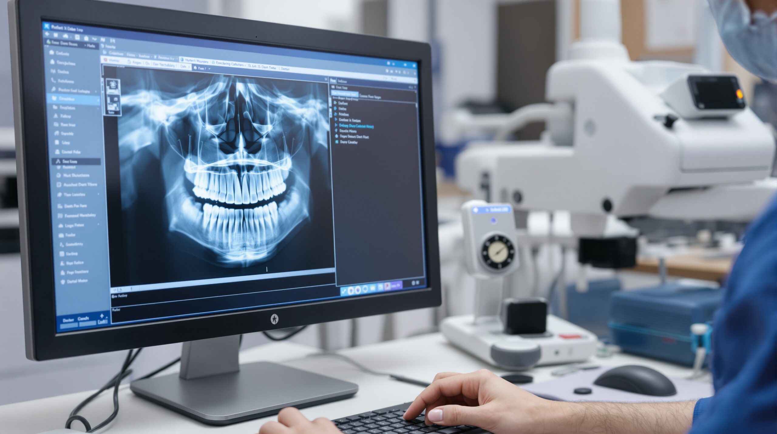 Technician calibrating X-ray equipment software on computer screen