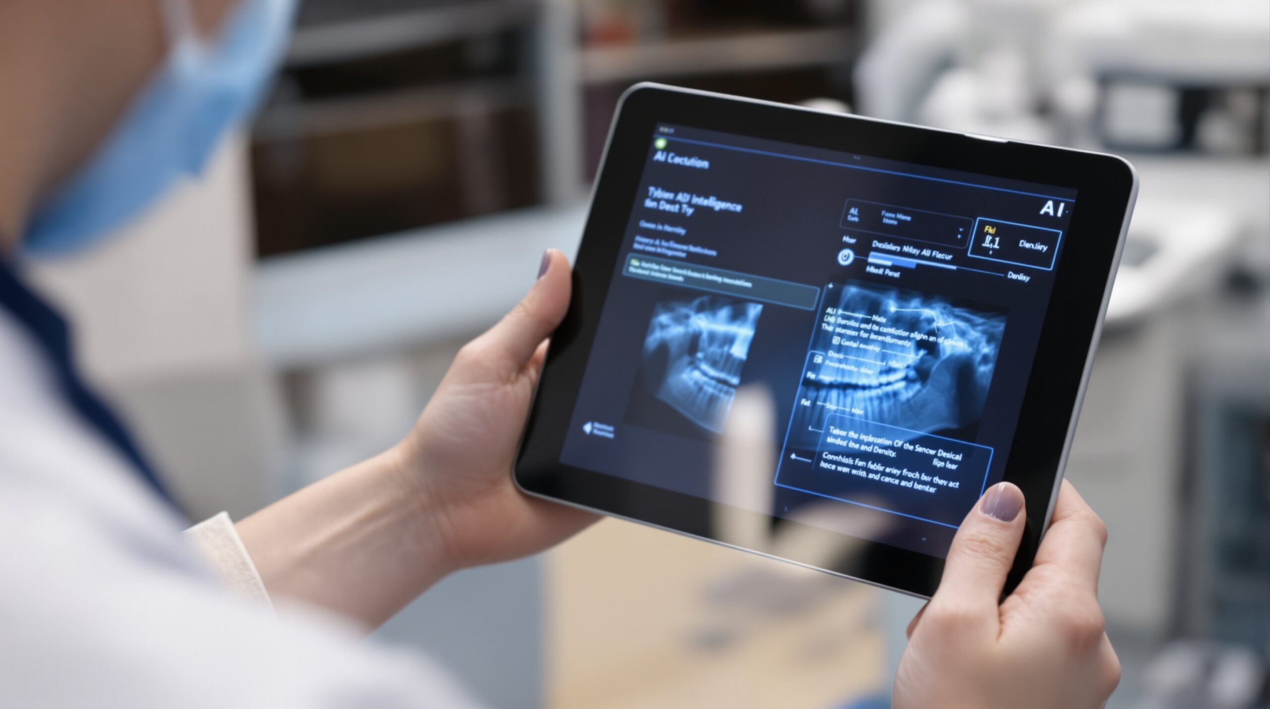 Dentist reviewing AI-generated diagnostic report on tablet device