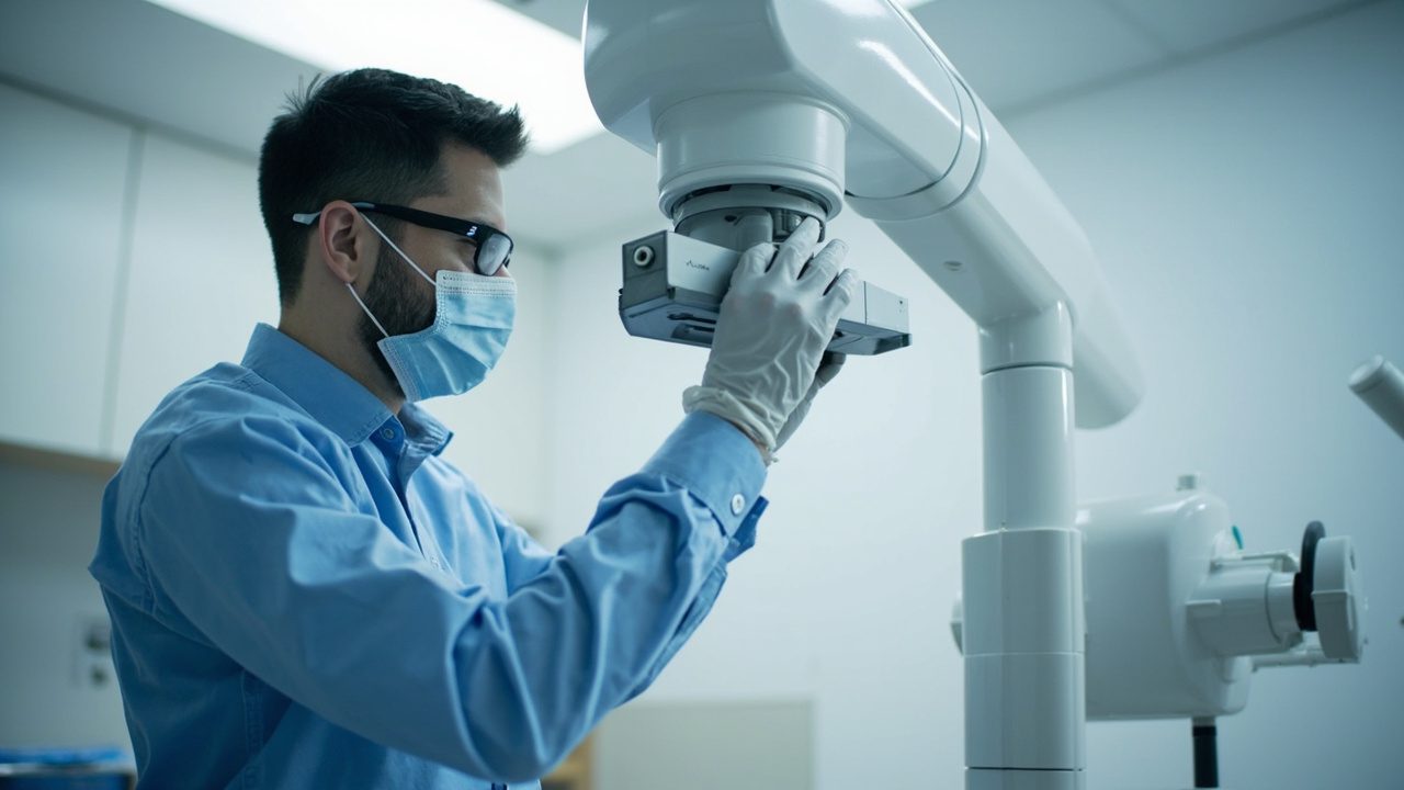 Technician maintaining dental x-ray equipment