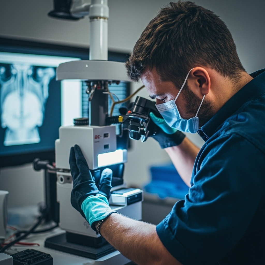 Dental technician performing maintenance on digital X-ray sensor equipment