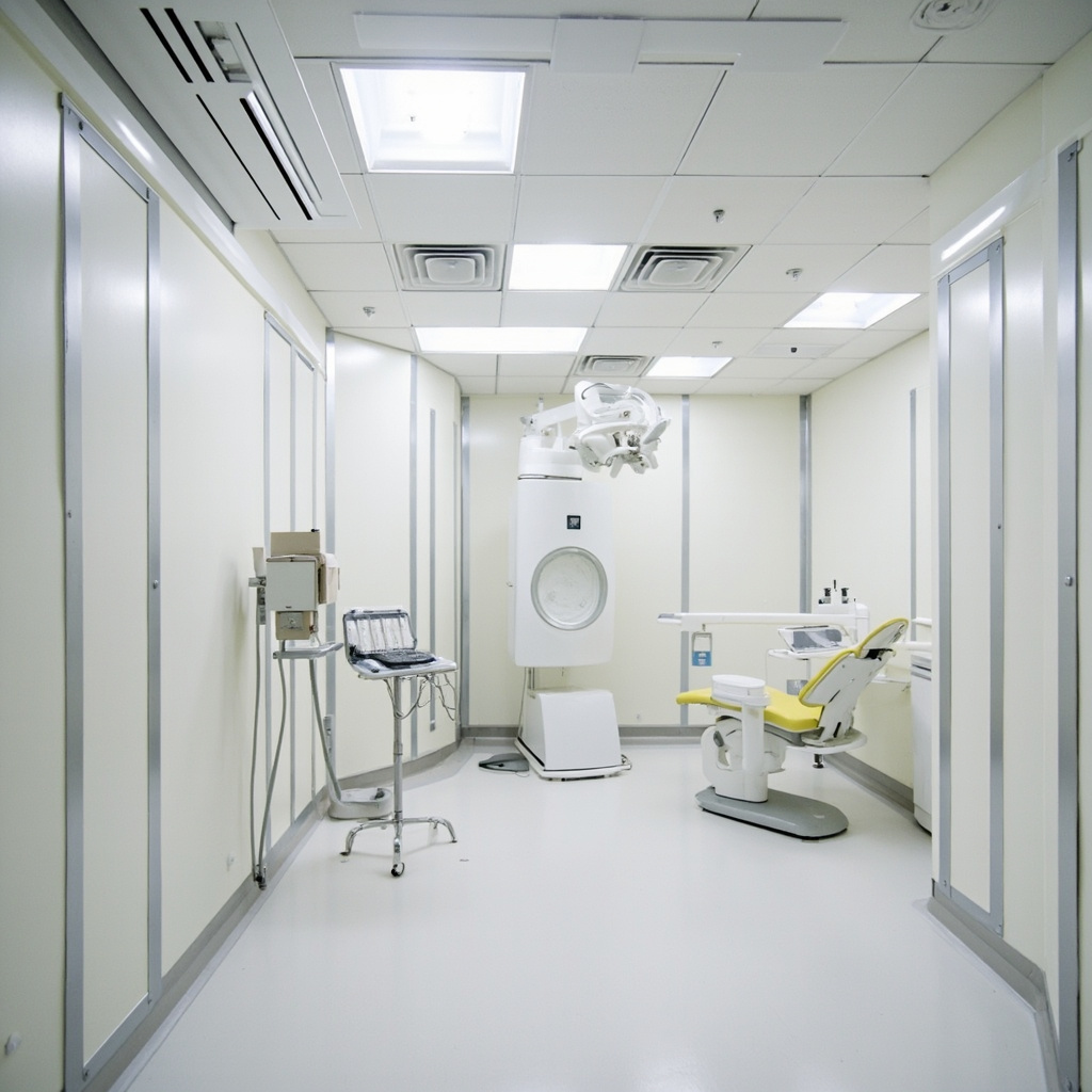 Modern dental X-ray room with proper radiation shielding and equipment setup