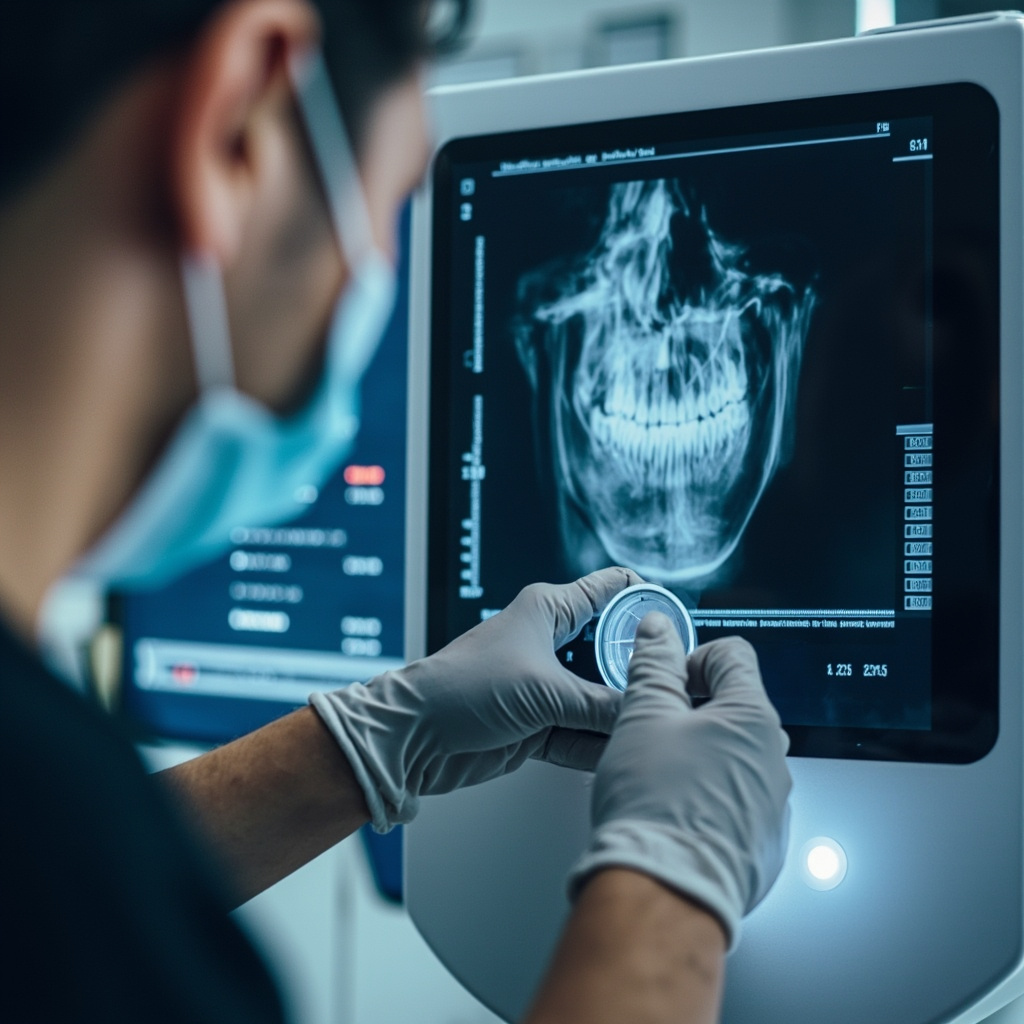 Dental technician calibrating X-ray sensor equipment
