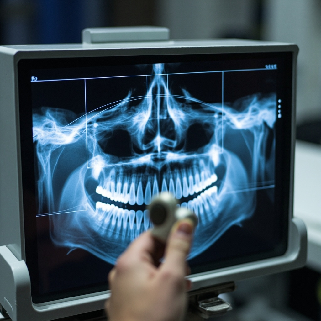 Close-up of dental X-ray sensor and positioning device