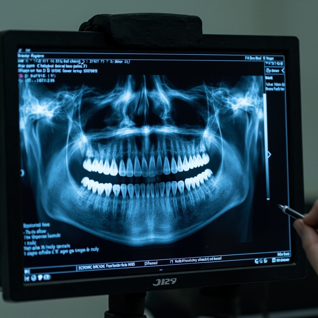 Digital dental X-ray image on monitor screen with quality analysis
