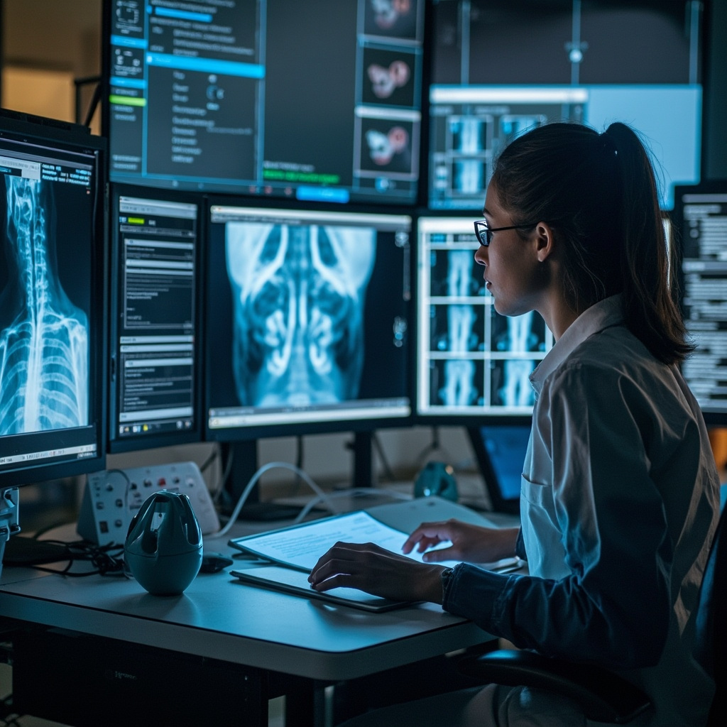 Dental technician viewing digital X-ray images on PACS workstation