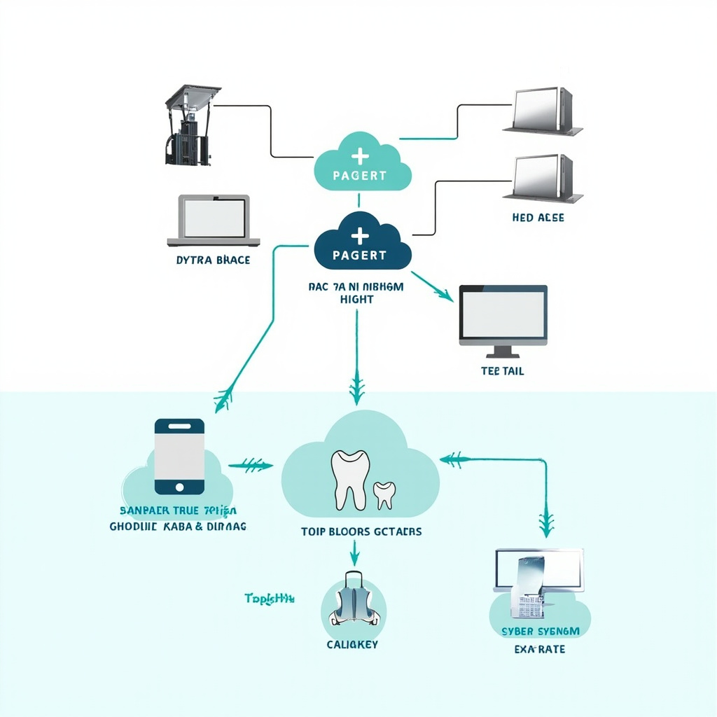 Network diagram showing dental X-ray equipment connected to PACS server and cloud storage
