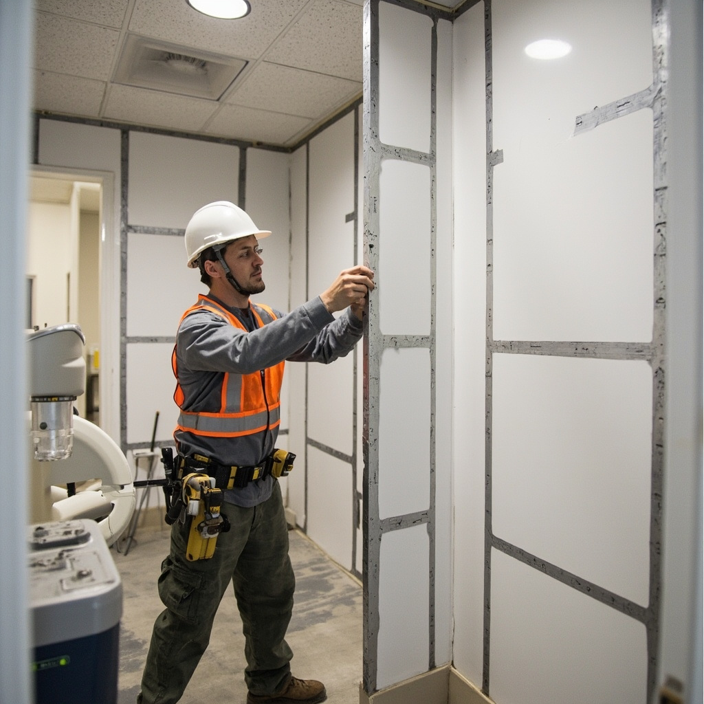 Construction worker installing lead-lined drywall for radiation protection