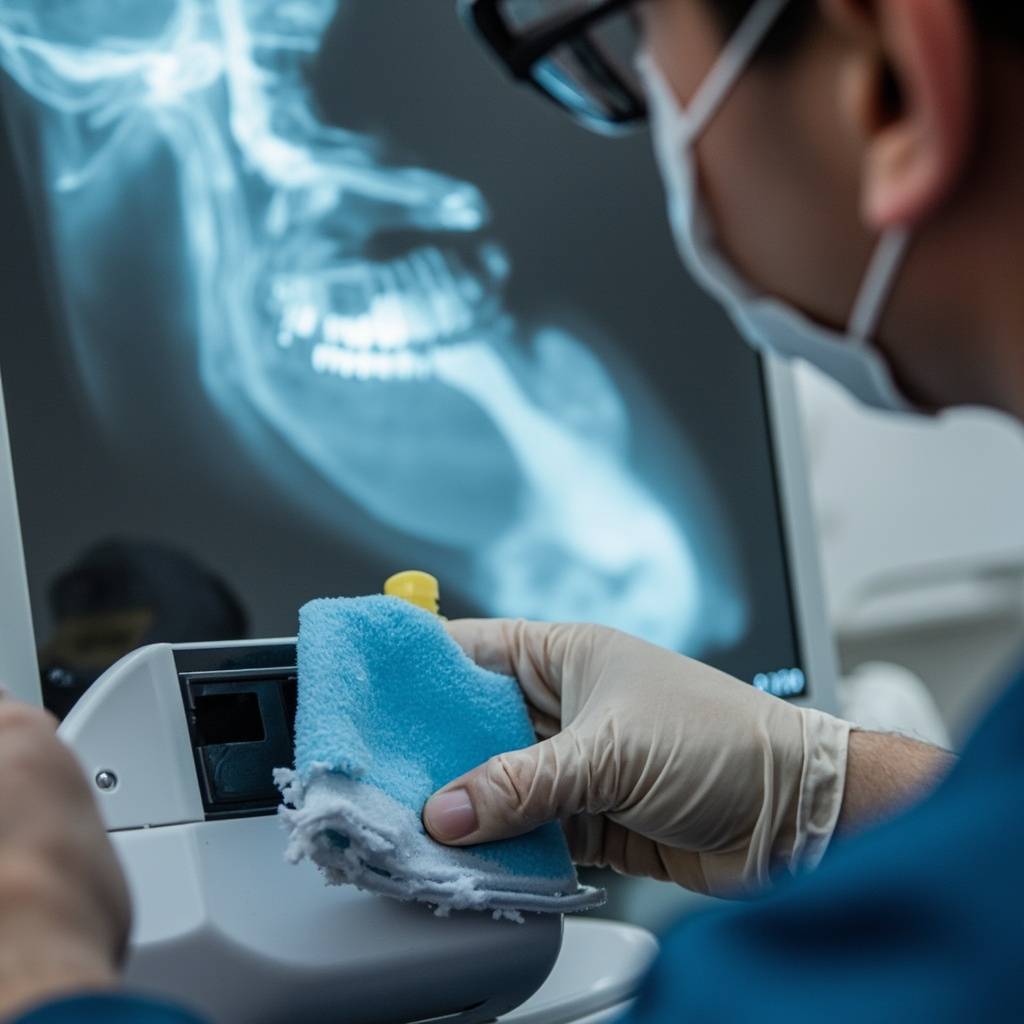 Dental professional properly cleaning a digital x-ray sensor with approved cleaning solution demonstrating correct maintenance technique