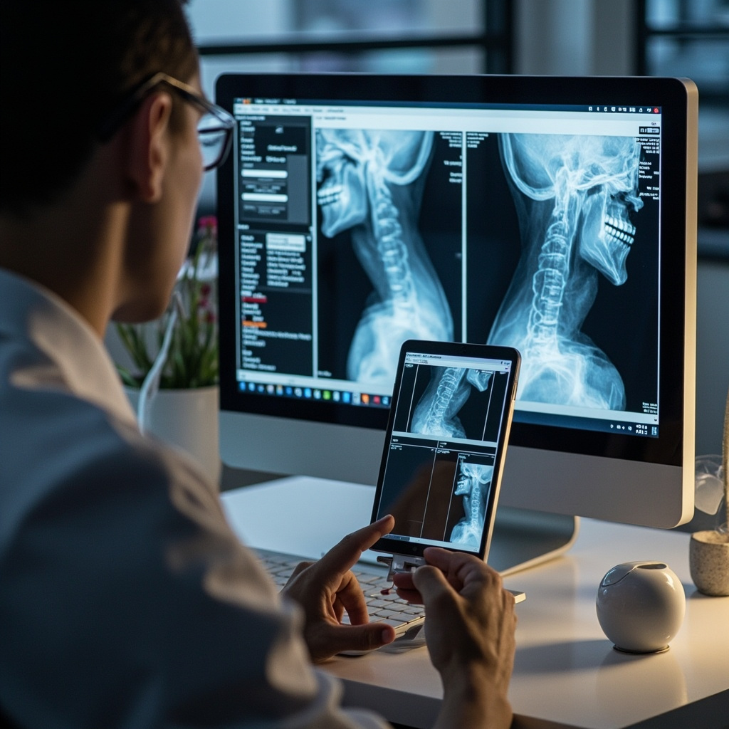 Dental professional analyzing X-ray image quality on computer screen