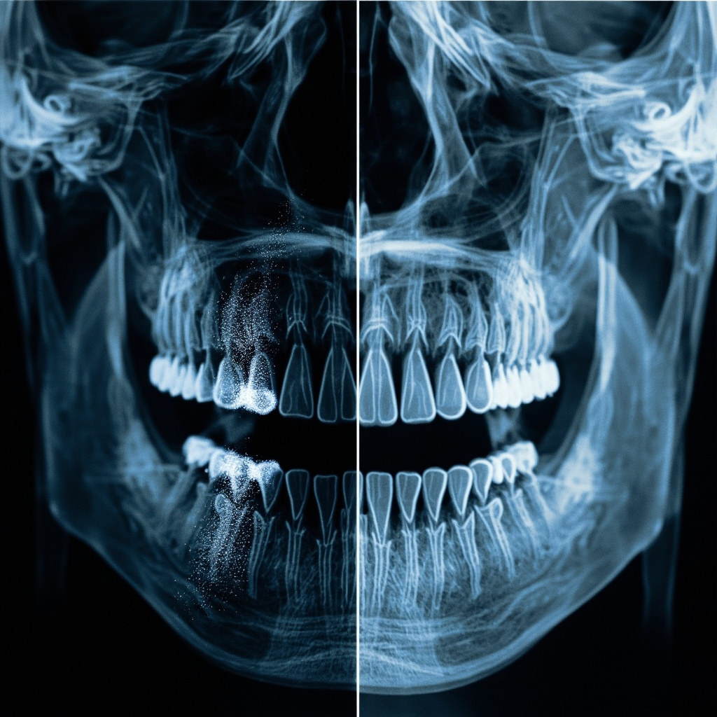 Comparison of poor quality versus high quality dental x-ray images showing the difference proper sensor maintenance makes