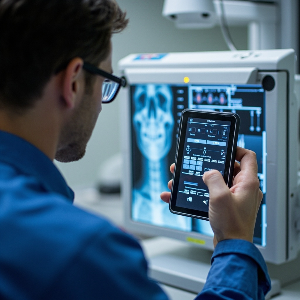 Dental X-ray technician calibrating photocell sensor detector