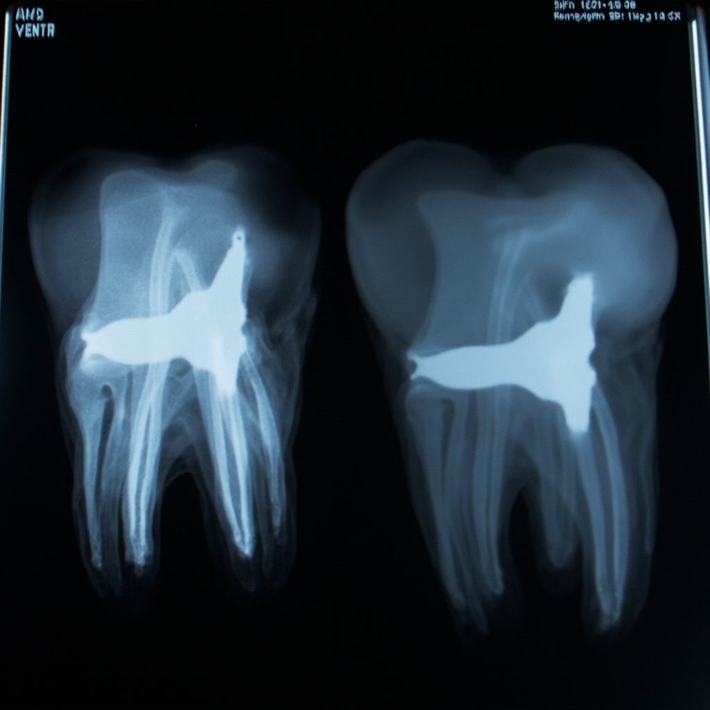 Double exposure artifact showing overlapping ghosted dental structures