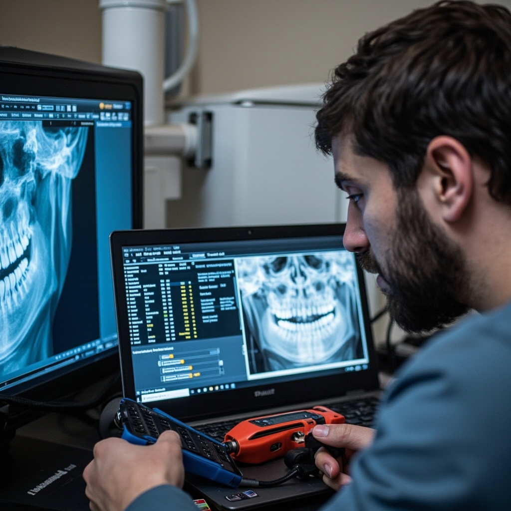Technician troubleshooting X-ray equipment firmware issues
