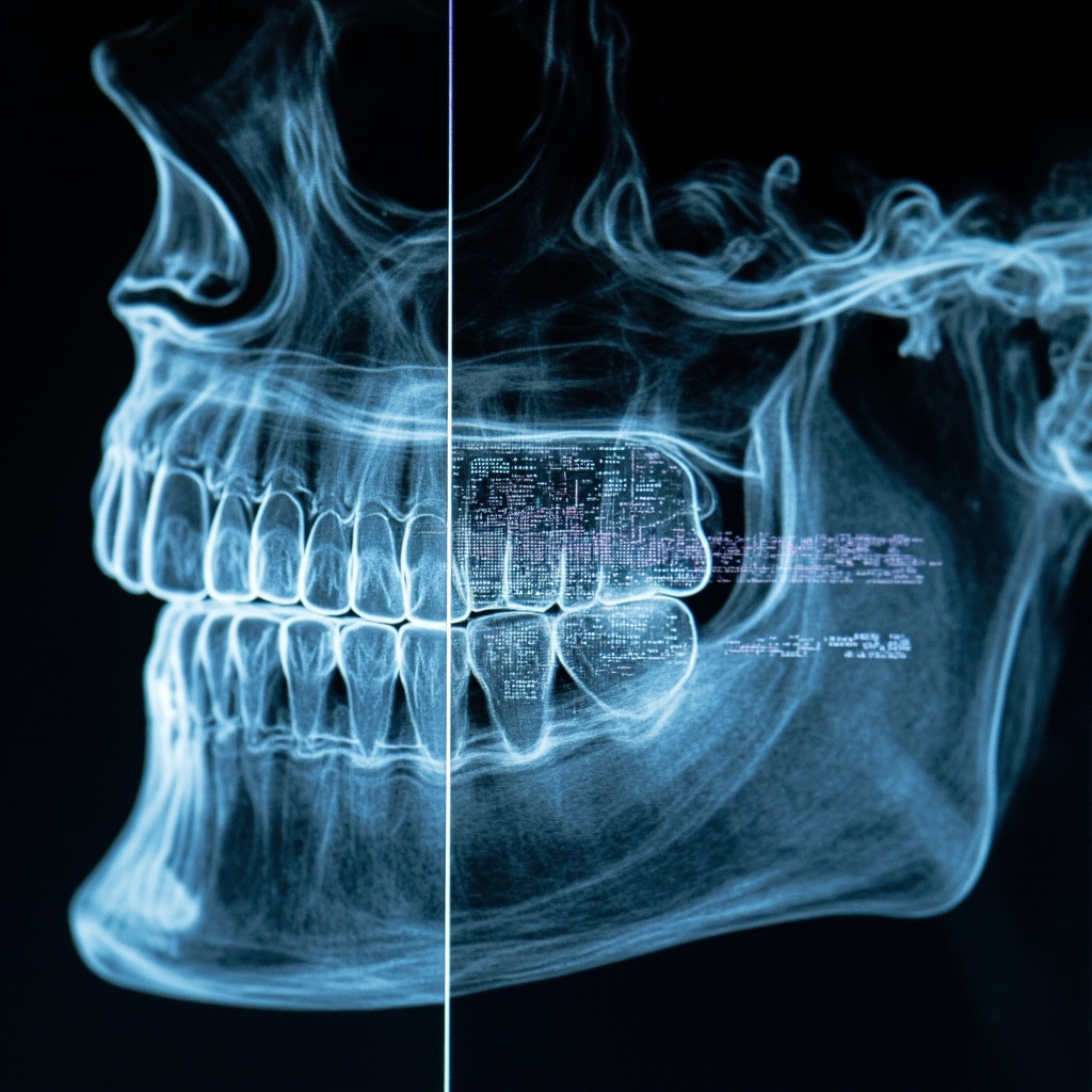 Grid artifact patterns visible on dental X-ray display