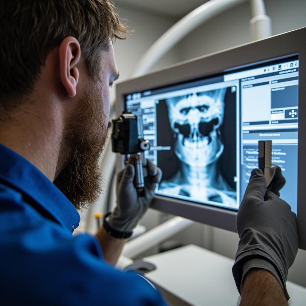 Dental technician performing collimator alignment service