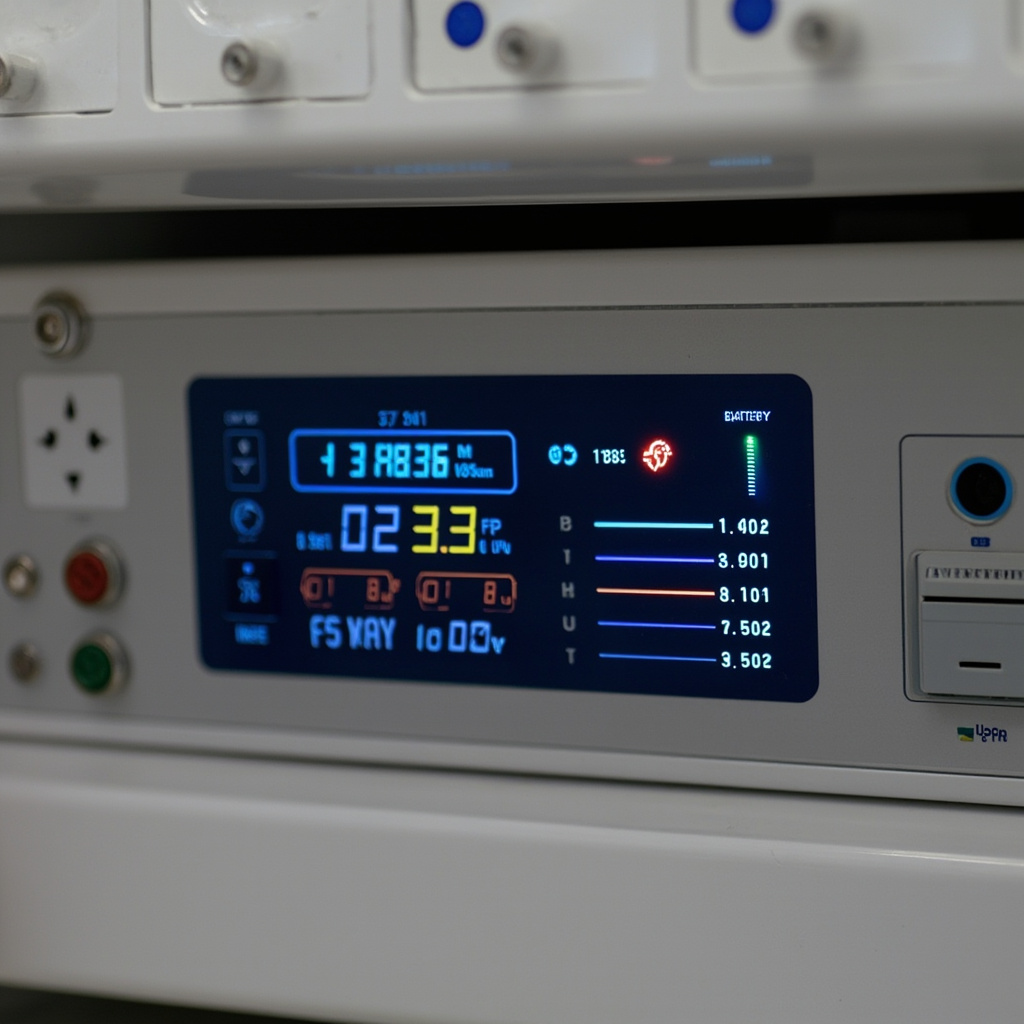 Close-up of UPS control panel with digital display showing power status and battery indicators