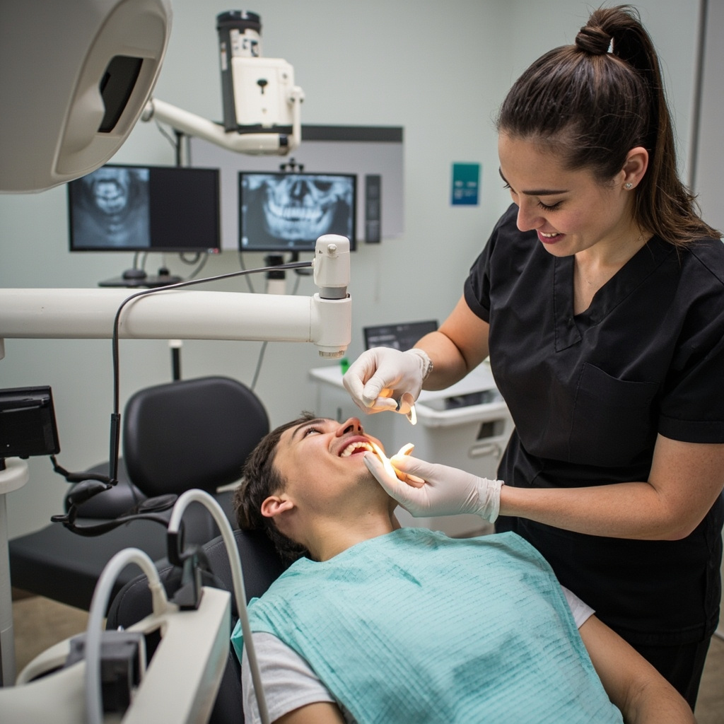 Dental hygienist demonstrating proper bite block positioning technique with a patient in a dental chair