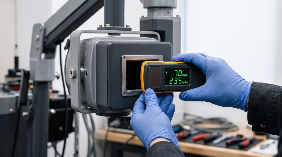 Technician measuring beam output at the end of a rectangular collimator with a solid-state dental X-ray meter