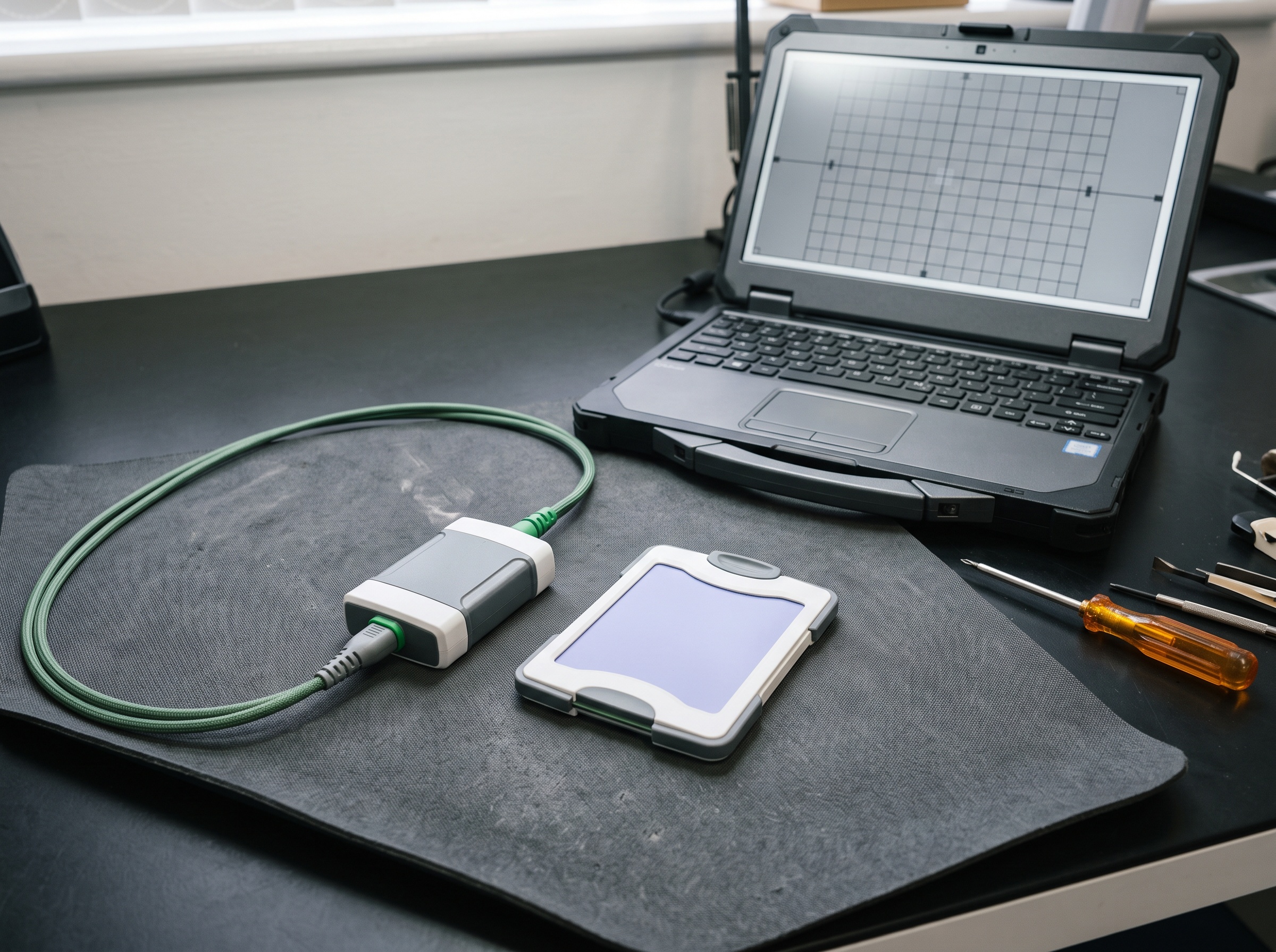 A rigid digital intraoral sensor and a photostimulable phosphor plate on a service mat beside a calibration laptop