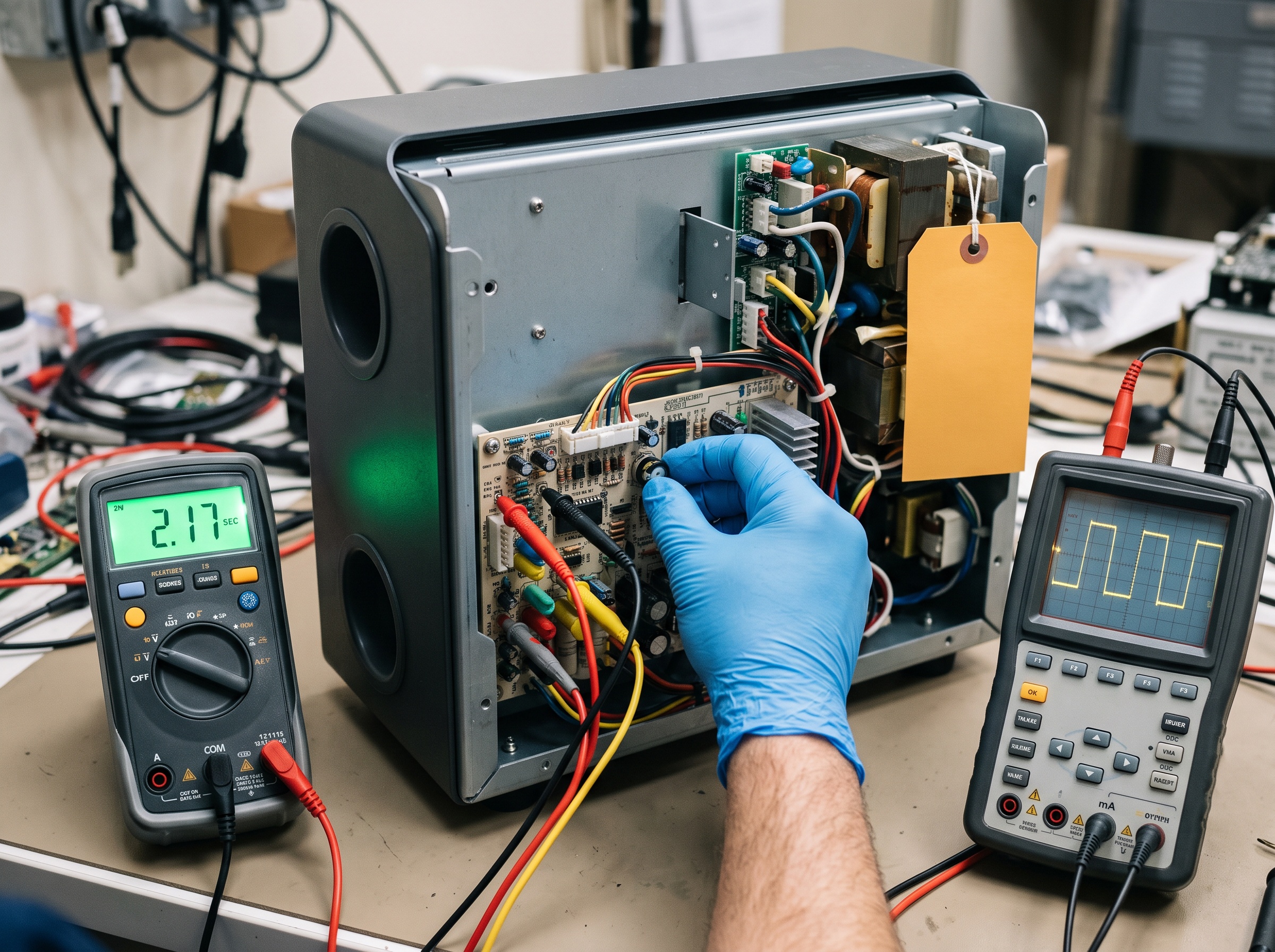 Technician measuring exposure timing and tube current on a dental X-ray generator control board with test instruments