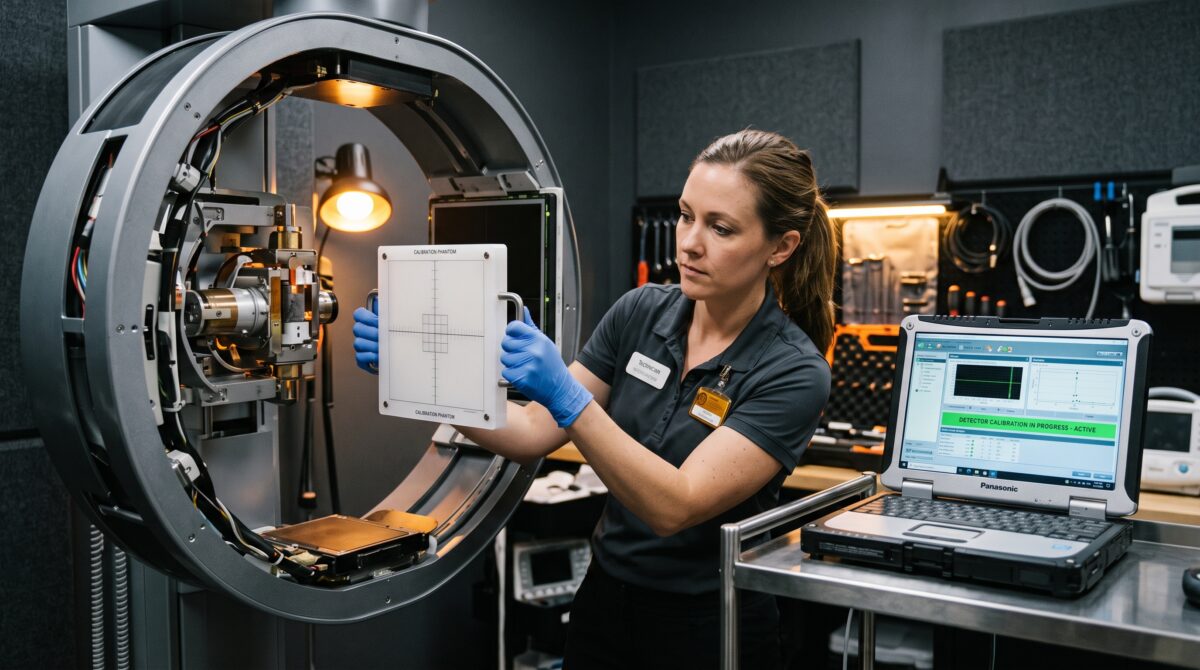 Dental service technician running a flat-field calibration on a CBCT cone-beam unit with a calibration phantom in the beam