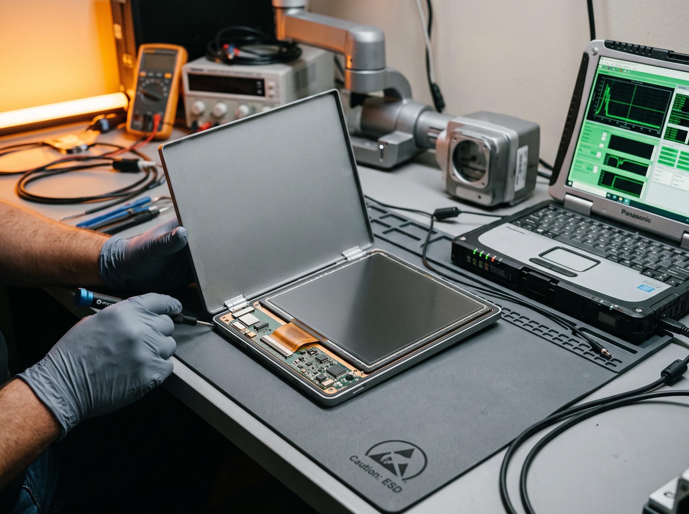 Flat-panel detector removed from a dental CBCT unit on a service bench beside a laptop