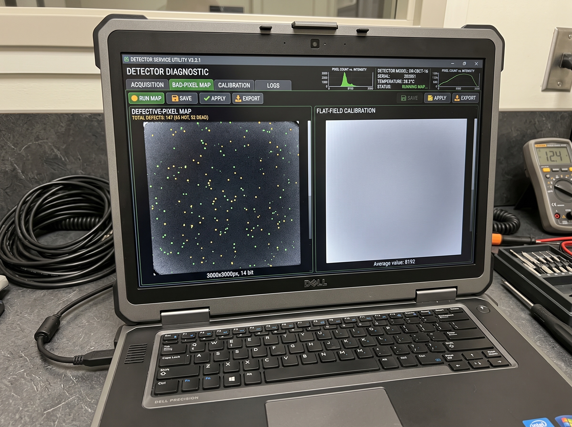 Detector service utility showing a defective-pixel map with highlighted bad pixels beside a flat-field image