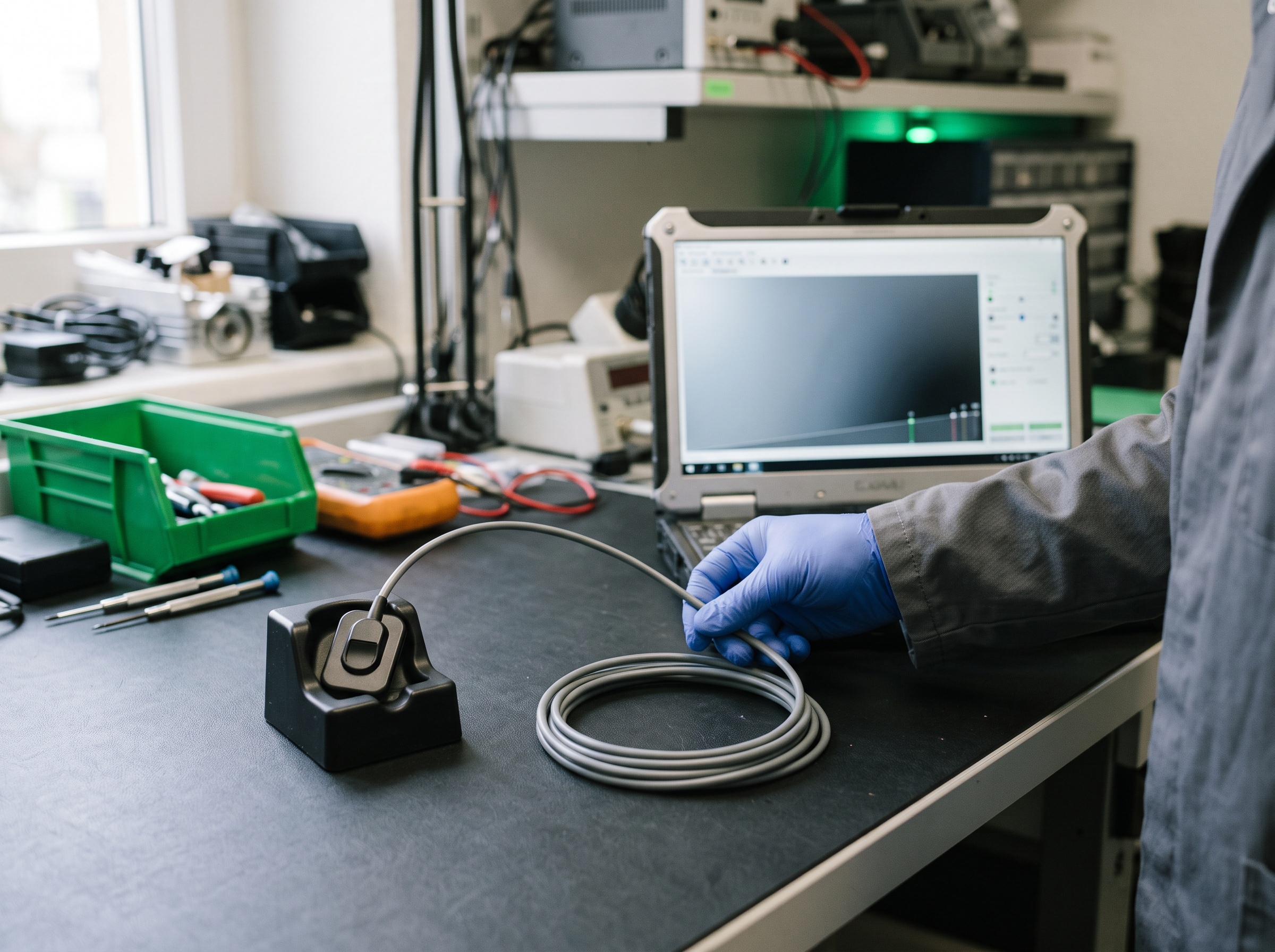 A digital sensor in a protective holder beside a laptop running calibration software, cable coiled gently by hand