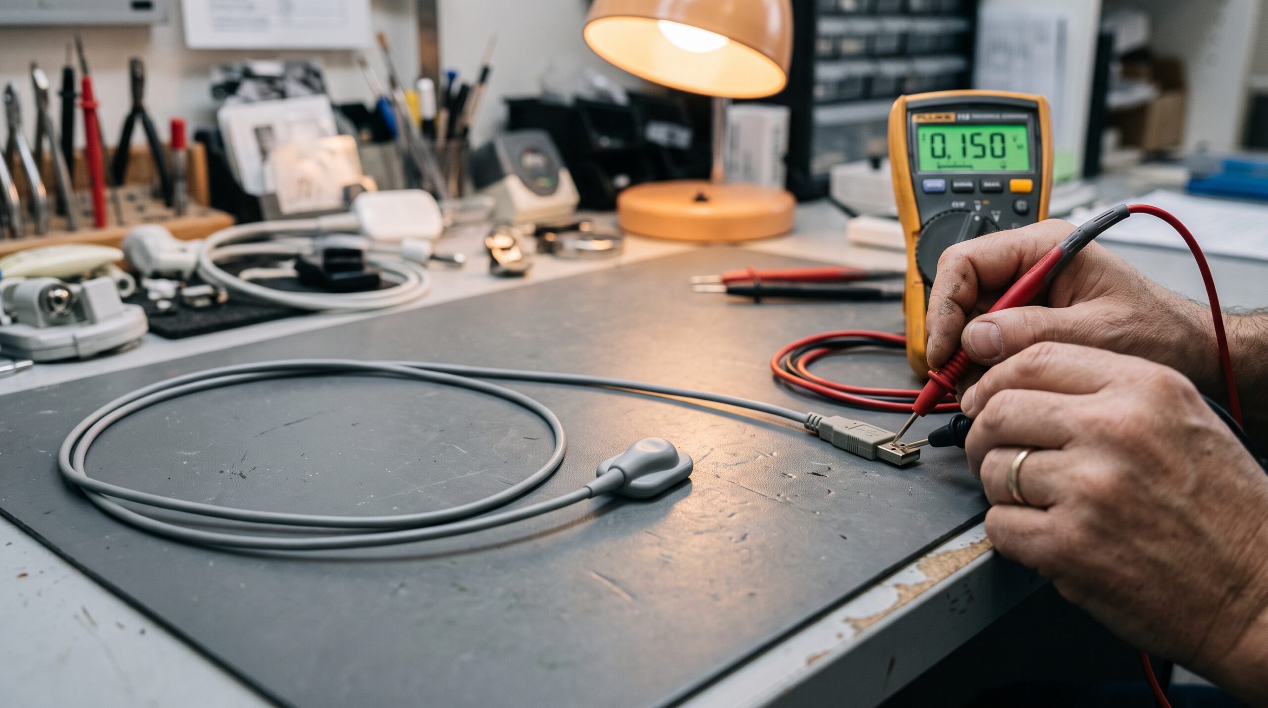Technician probing the USB connector of a digital intraoral X-ray sensor with a multimeter on a service bench