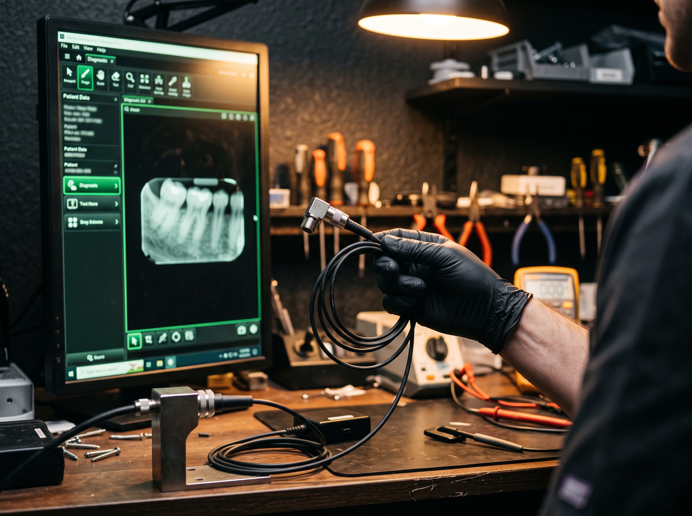 Gloved hand performing a wiggle test on a sensor cable while watching the imaging software respond