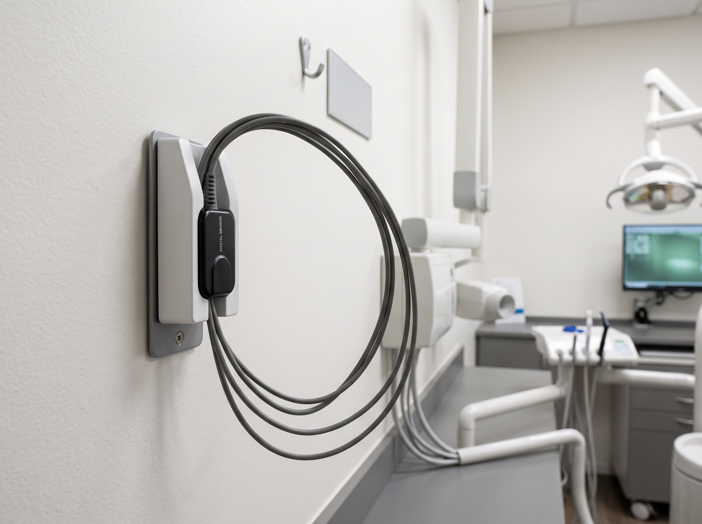 Digital intraoral sensor hung in a wall cradle with its cable coiled in a wide gentle loop