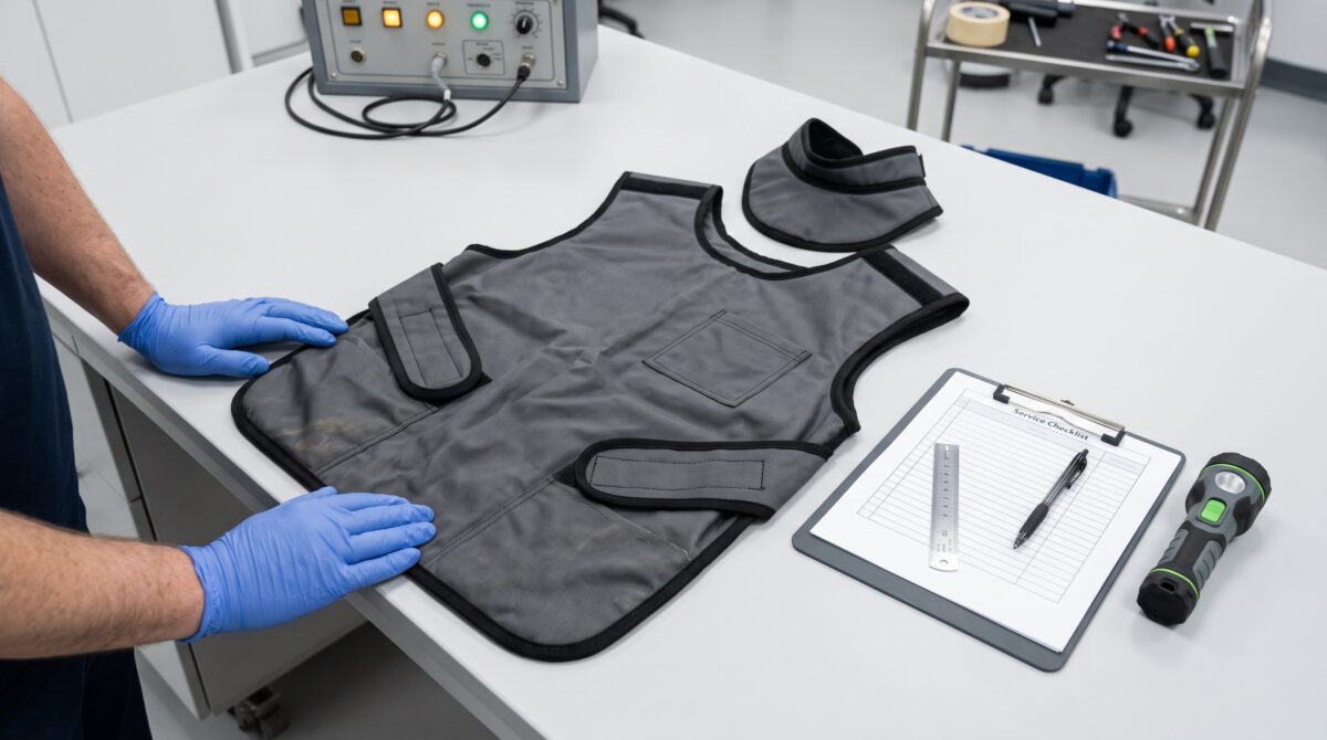 Dental lead apron and thyroid collar laid flat on a workshop bench for inspection with a ruler and flashlight