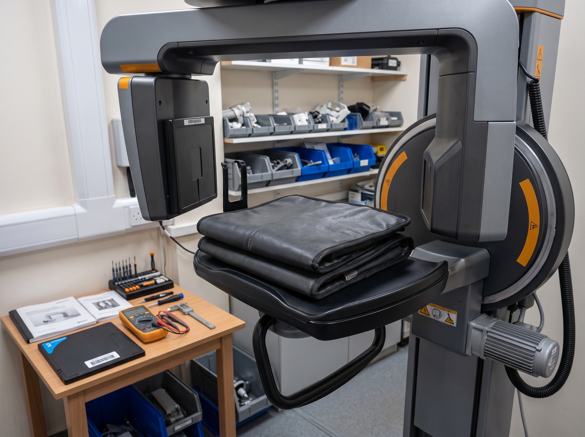 A lead apron positioned in a panoramic dental X-ray unit to image it for hidden defects