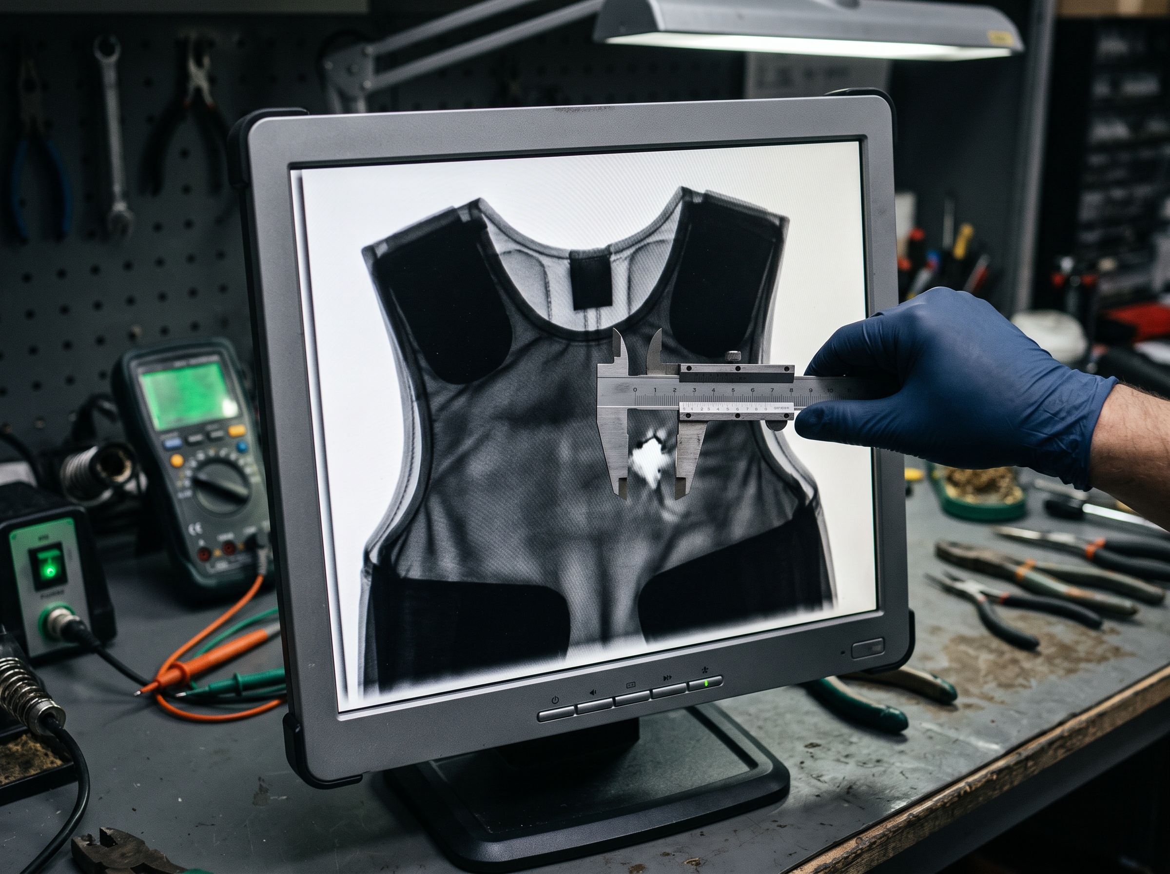 Radiographic image of a lead apron on a monitor with a bright defect spot being measured with calipers