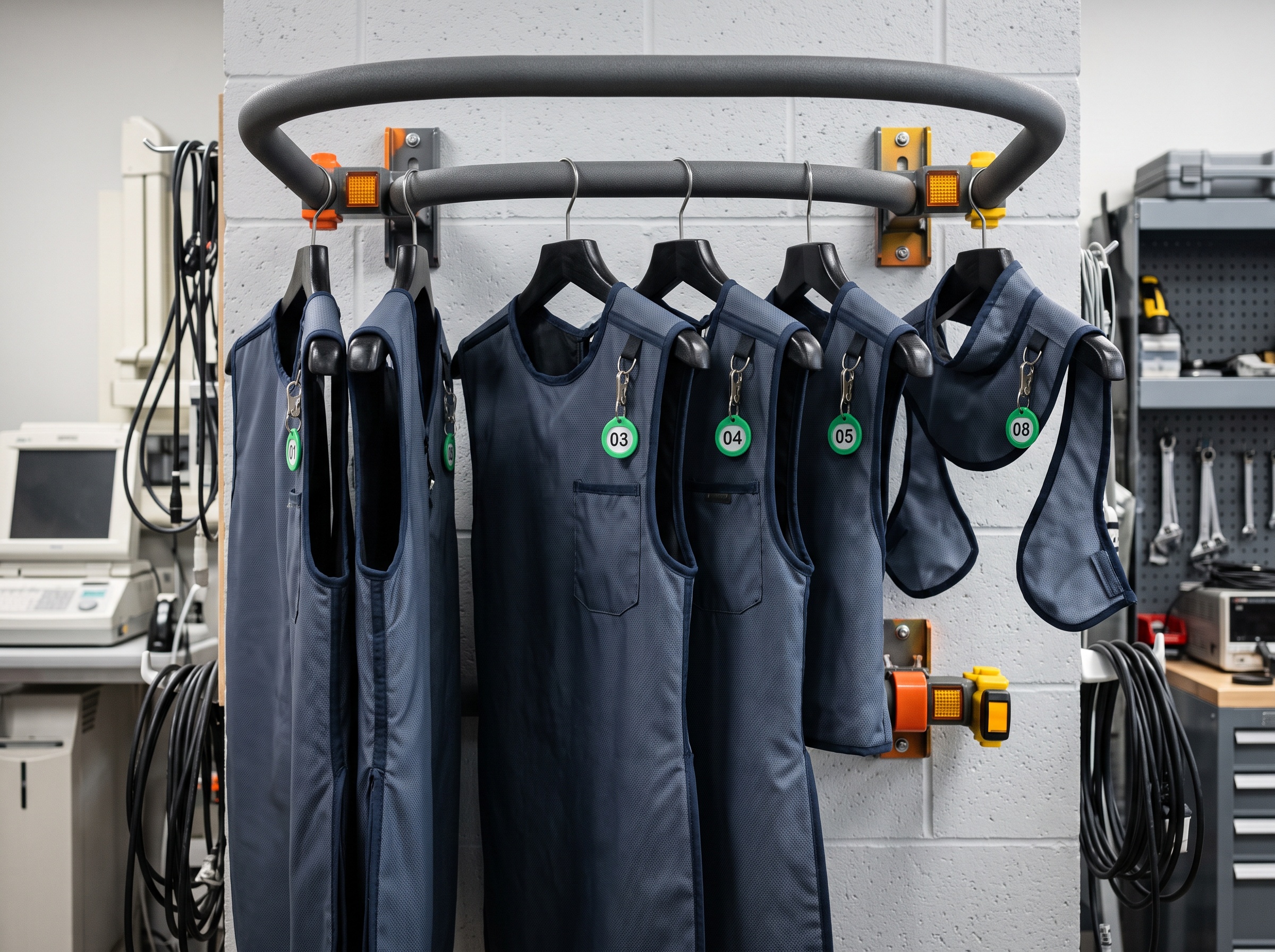 Lead aprons and thyroid collars hung unfolded on a rounded padded rack with numbered inventory tags
