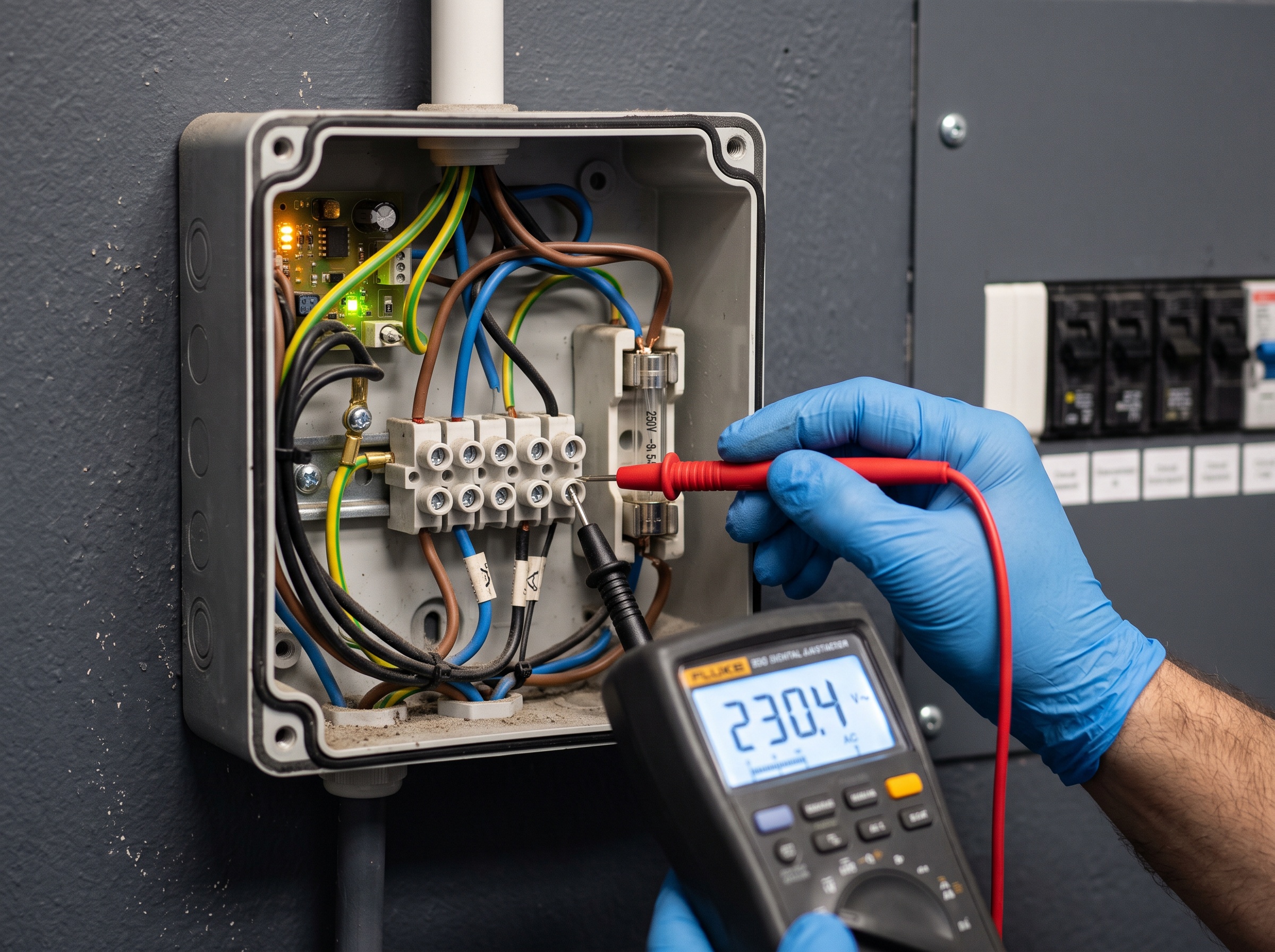 A gloved hand testing a fuse and terminal block inside a dental X-ray power junction box with a multimeter