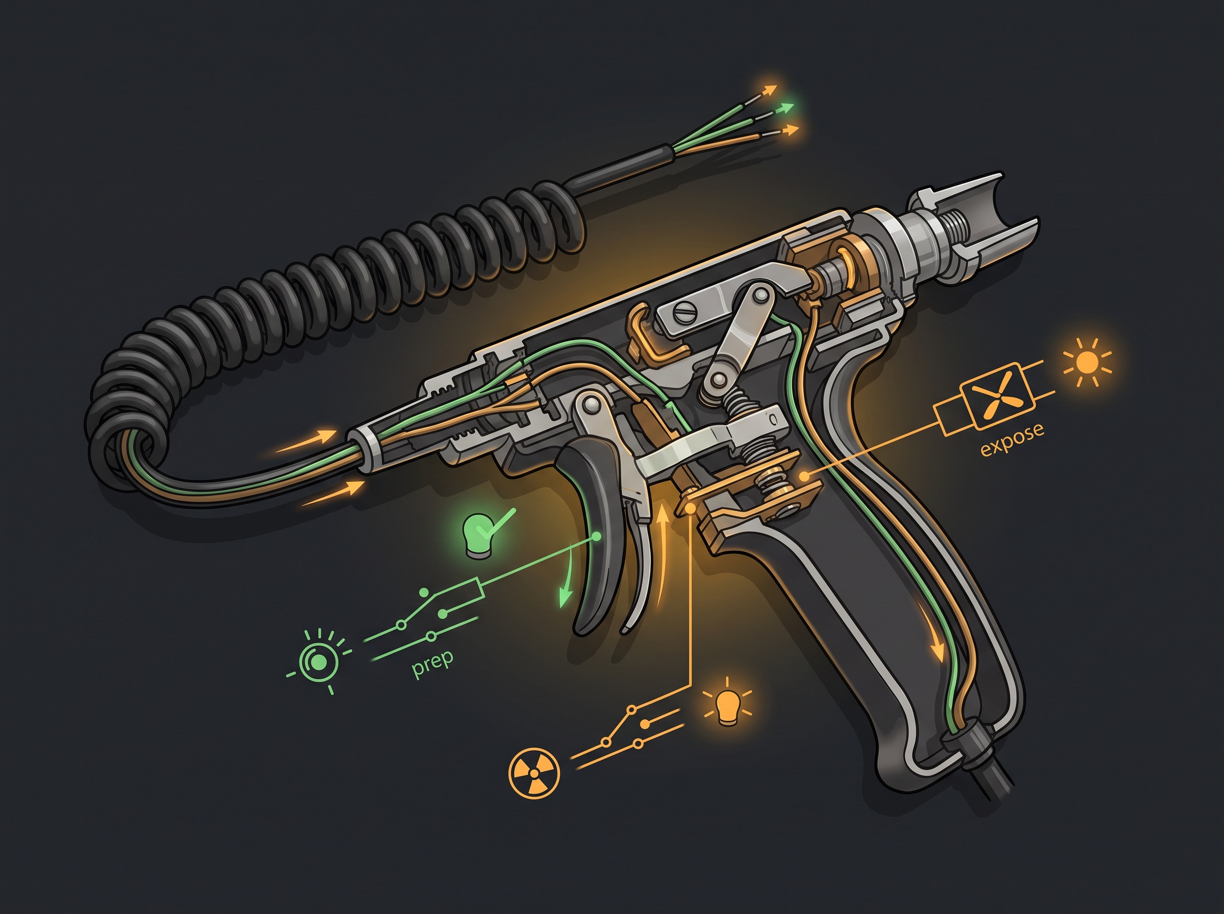 Cutaway illustration of a two-stage exposure handswitch showing separate prep and expose contact sets and its cable
