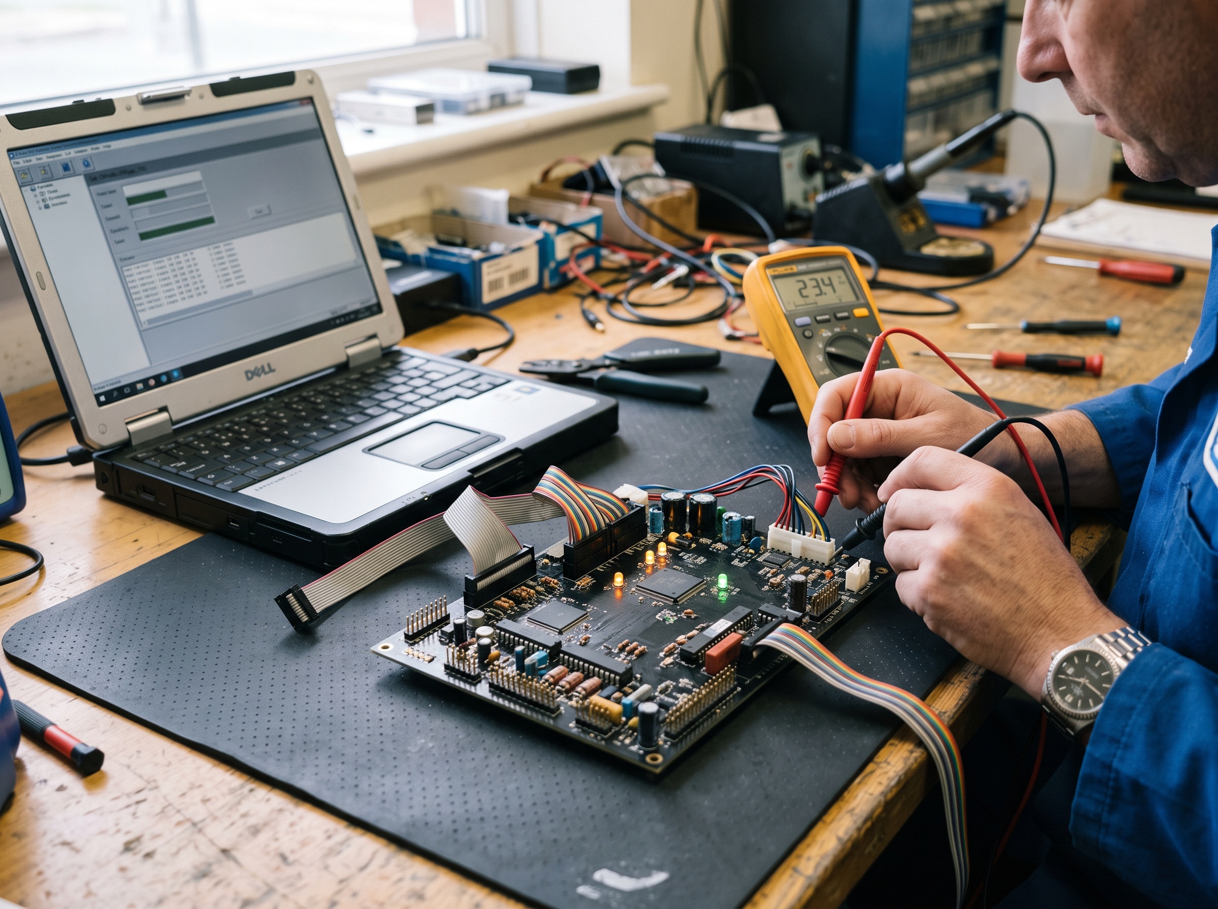 A dental X-ray control board on an anti-static mat being probed with a multimeter beside a diagnostic laptop