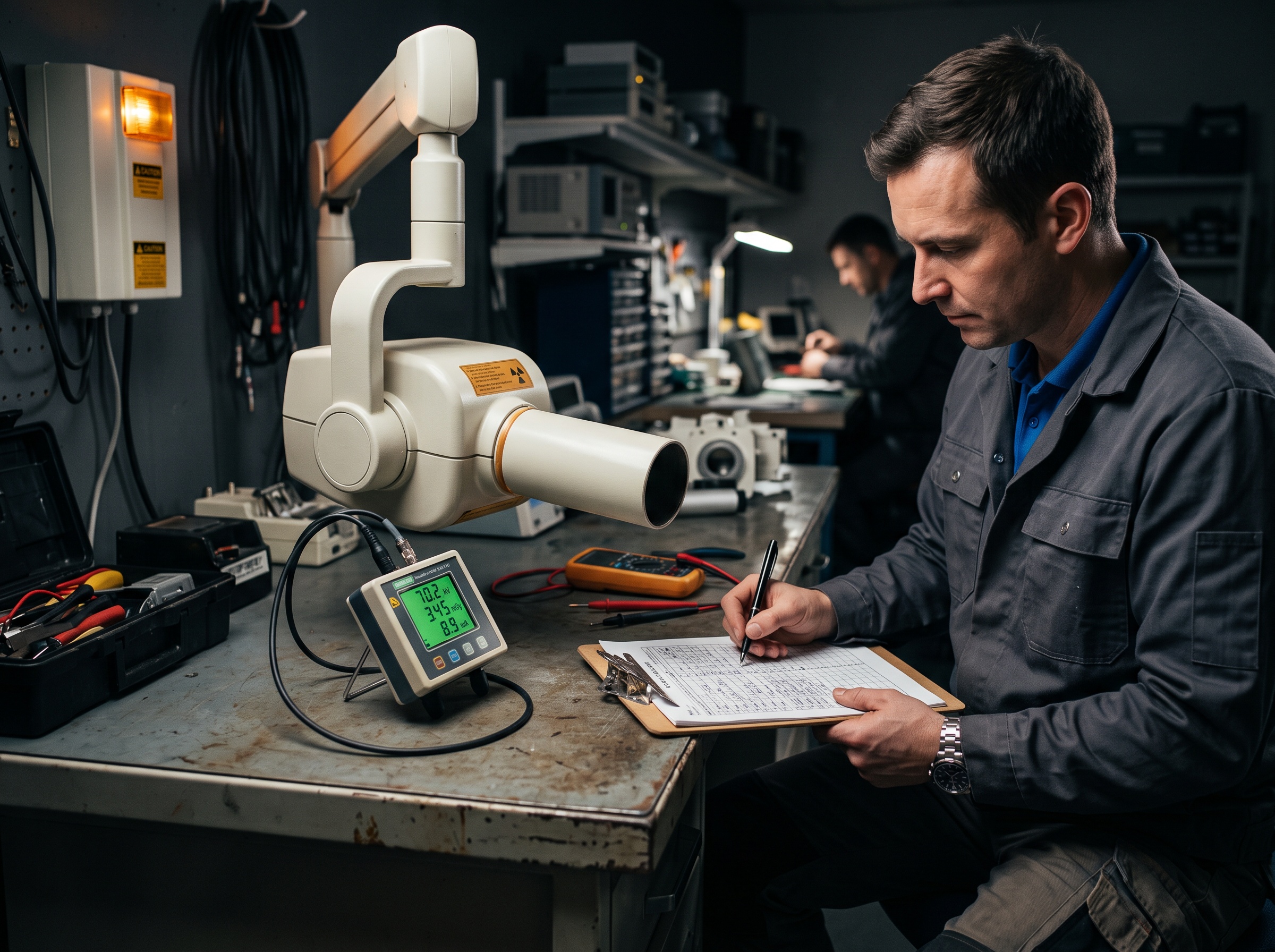 A technician logging readings beside a dental tubehead with a non-invasive test meter set in front of the cone