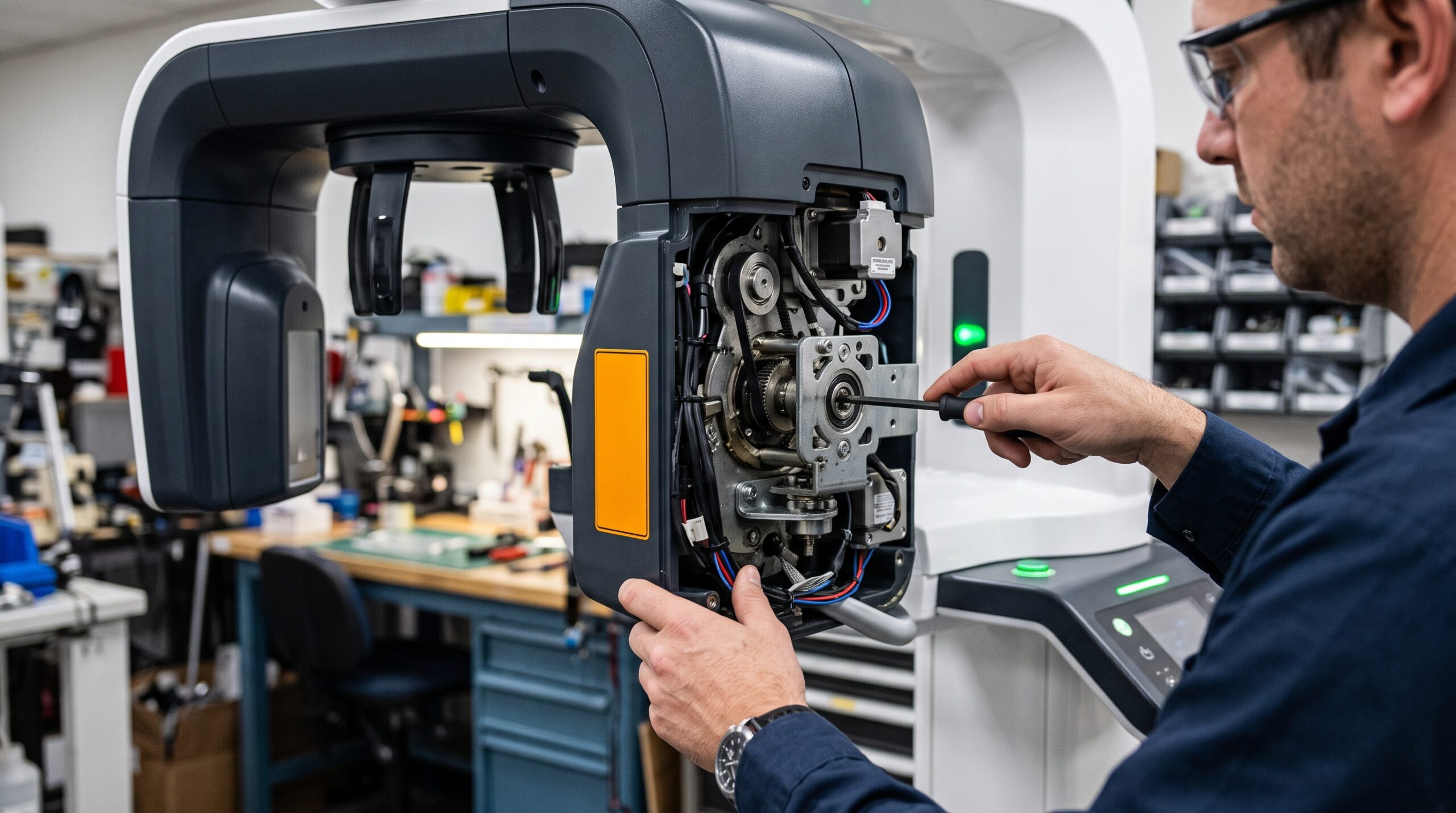 Technician servicing the rotating arm carriage of a dental panoramic OPG X-ray machine