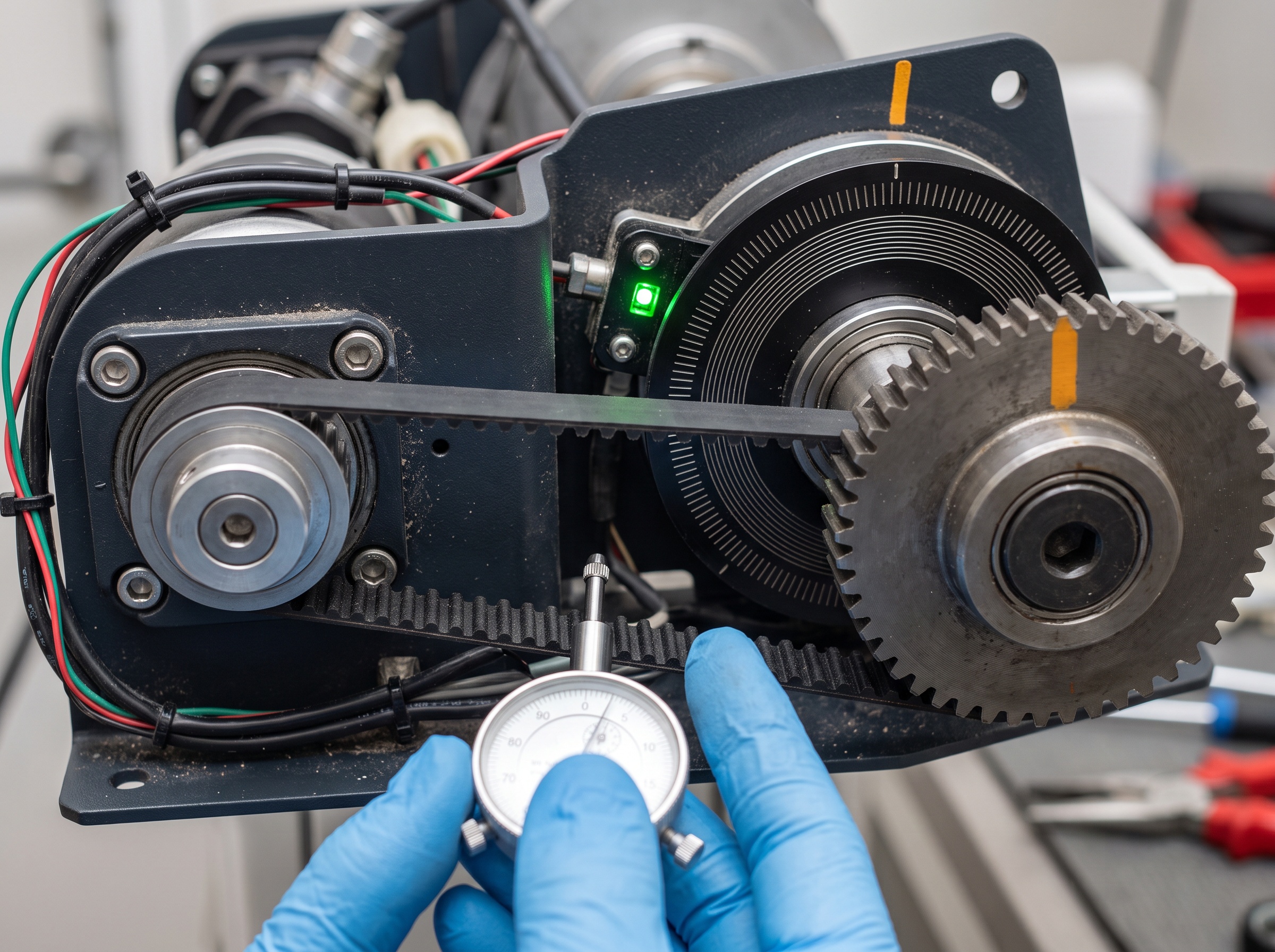 Close-up of the timing drive belt, motor pulley and optical encoder inside a panoramic X-ray unit