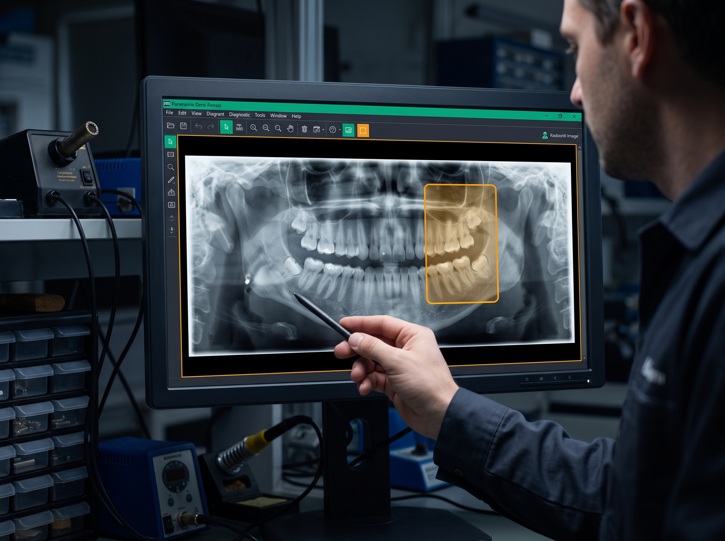 Panoramic radiograph on a monitor showing a blurred upward-sloping ghost shadow artifact