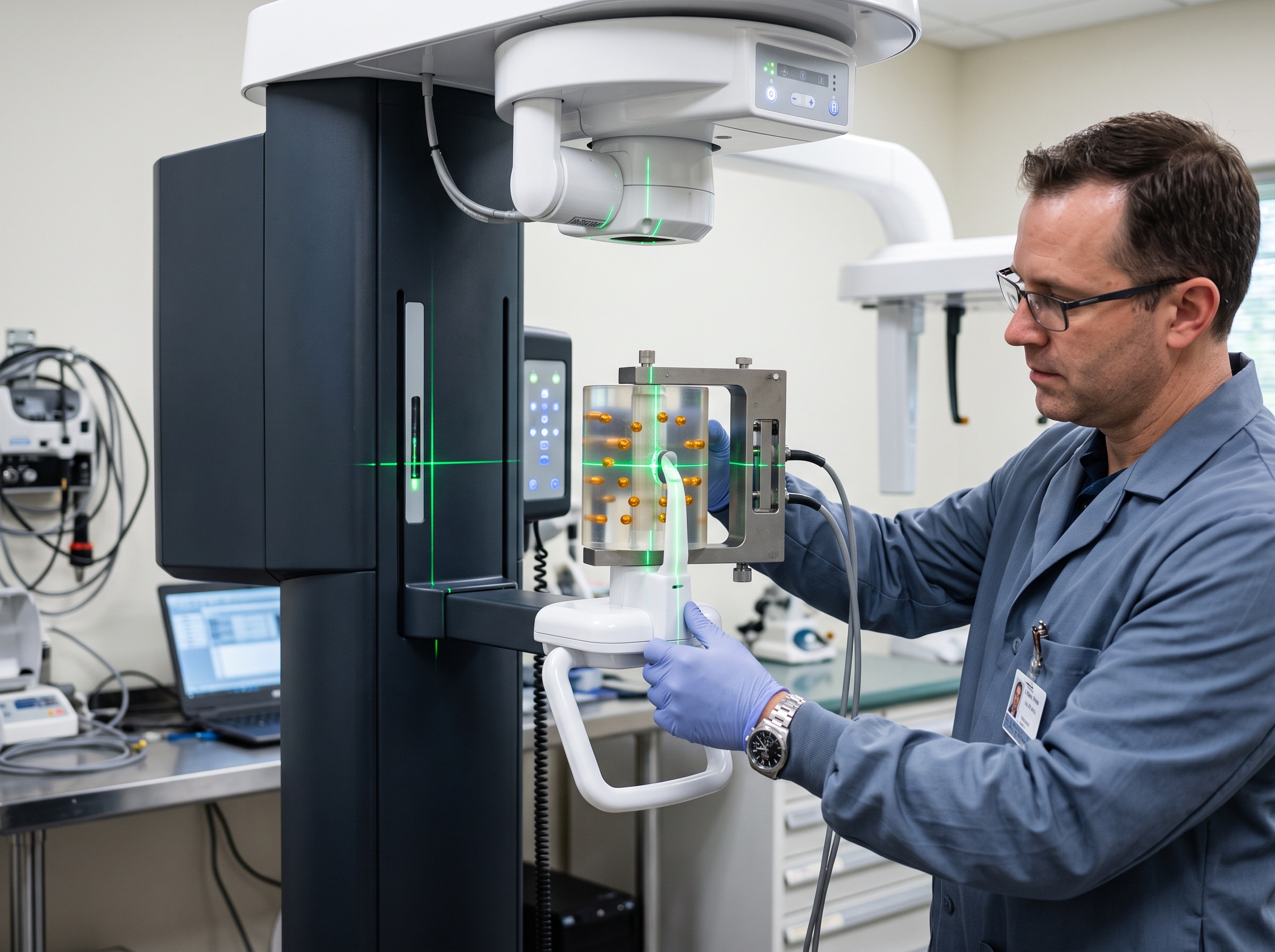 Technician placing a calibration phantom in the chin rest to verify the focal trough of an OPG machine
