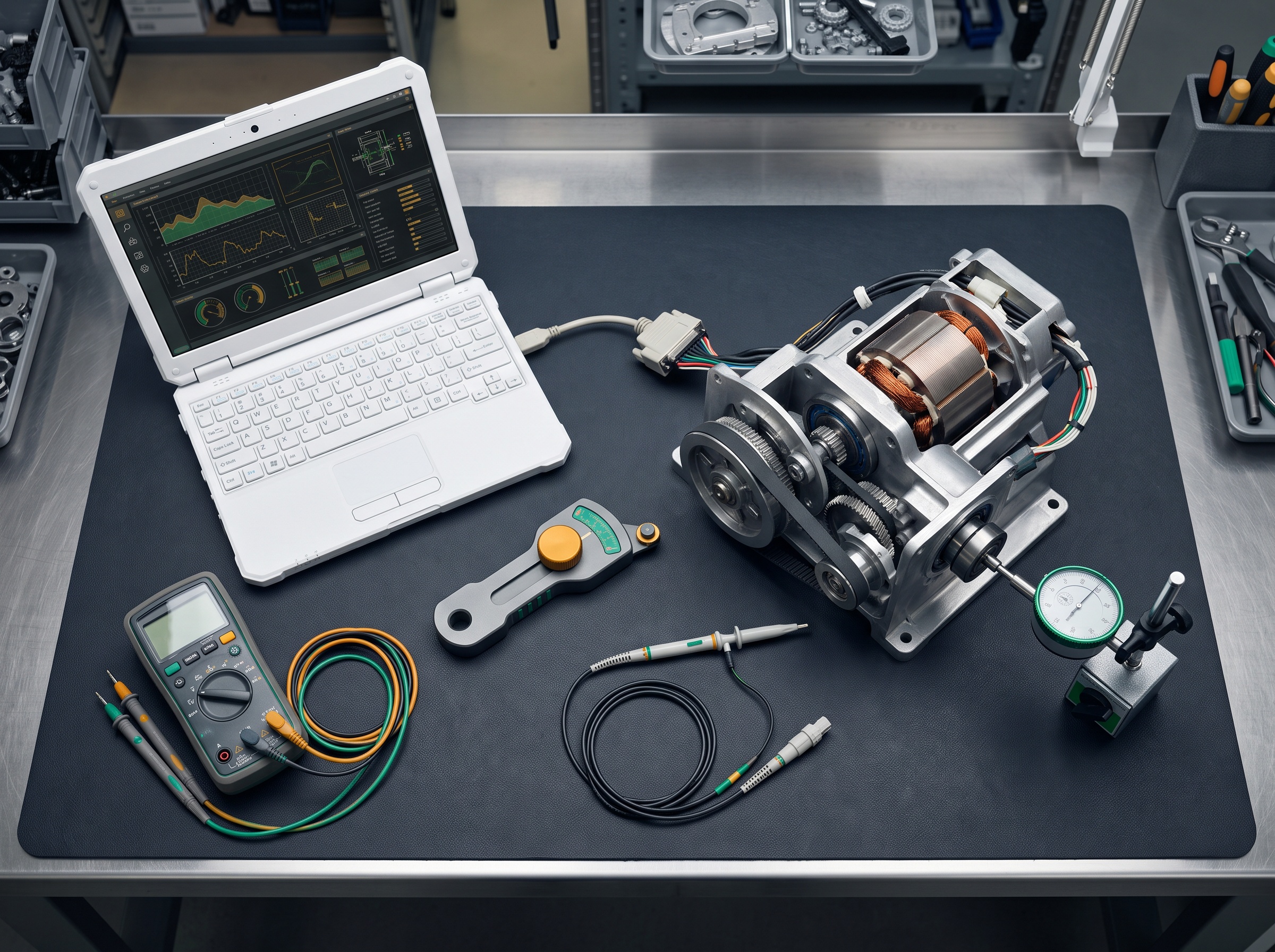 Service bench with diagnostic tools and a disassembled panoramic X-ray rotation motor assembly