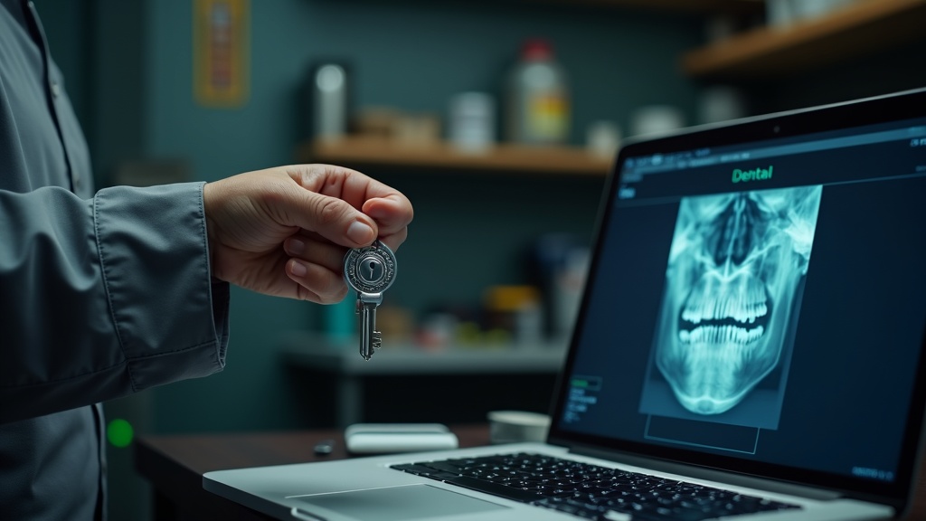 A technician holding a hardware security key next to an open X-ray generator and a login screen