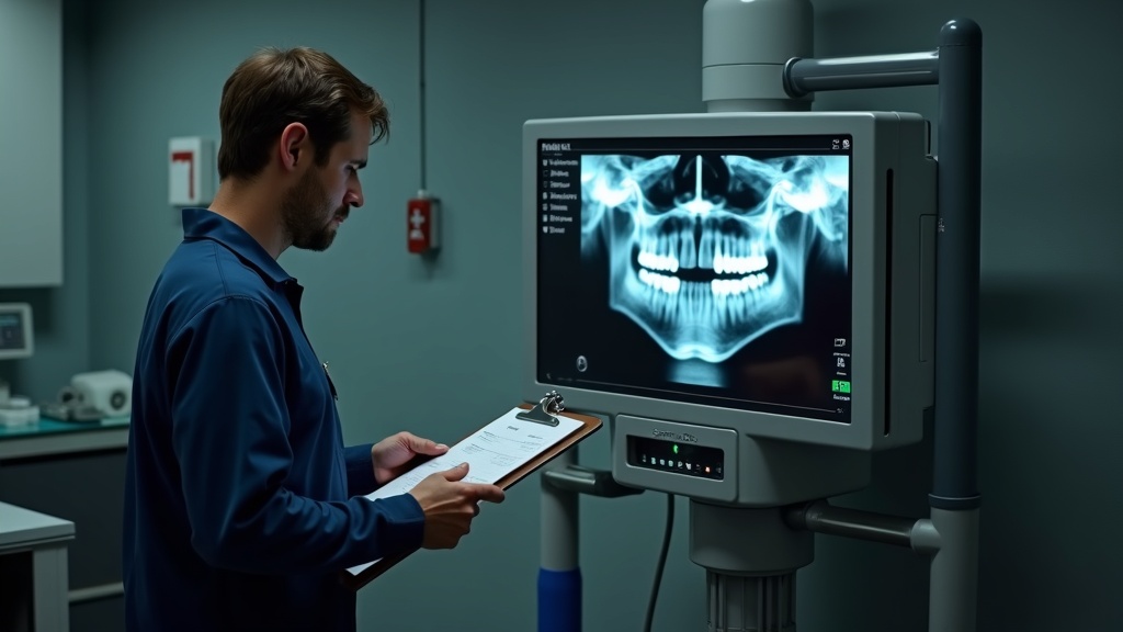 A technician with a clipboard beside a wall-mounted dental x-ray unit