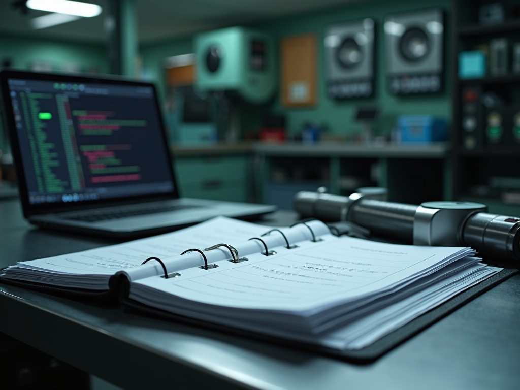 An organized binder of maintenance and calibration records on a clinic counter