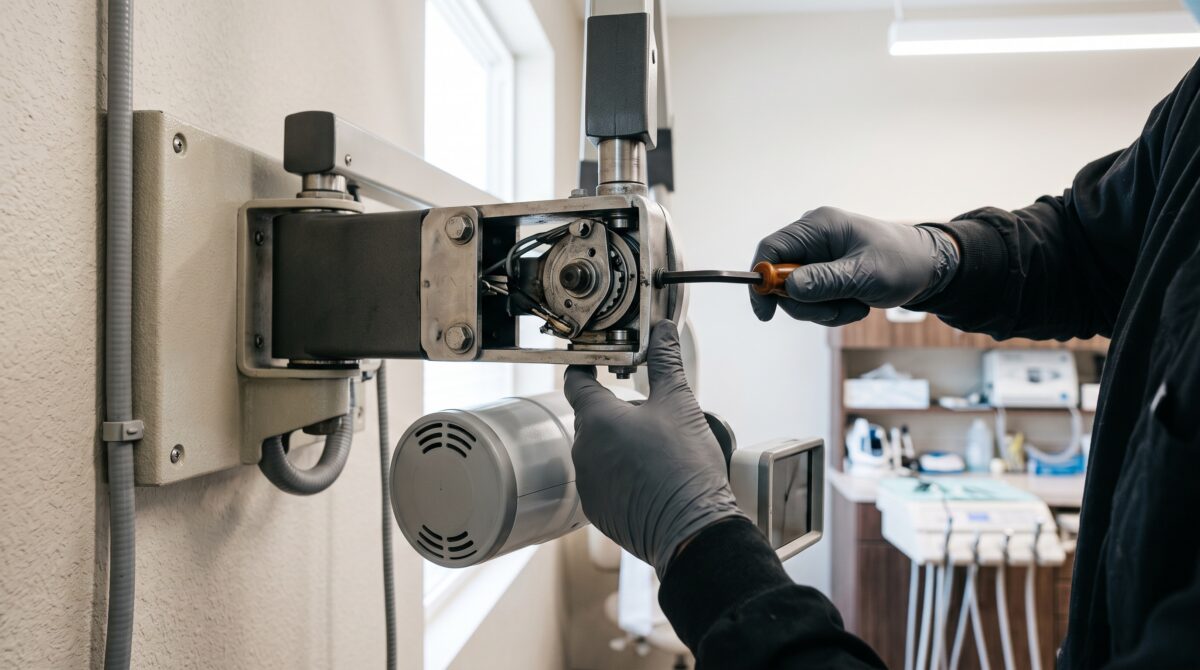 Technician adjusting the tension set screw on the yoke joint of a wall-mounted dental X-ray extension arm