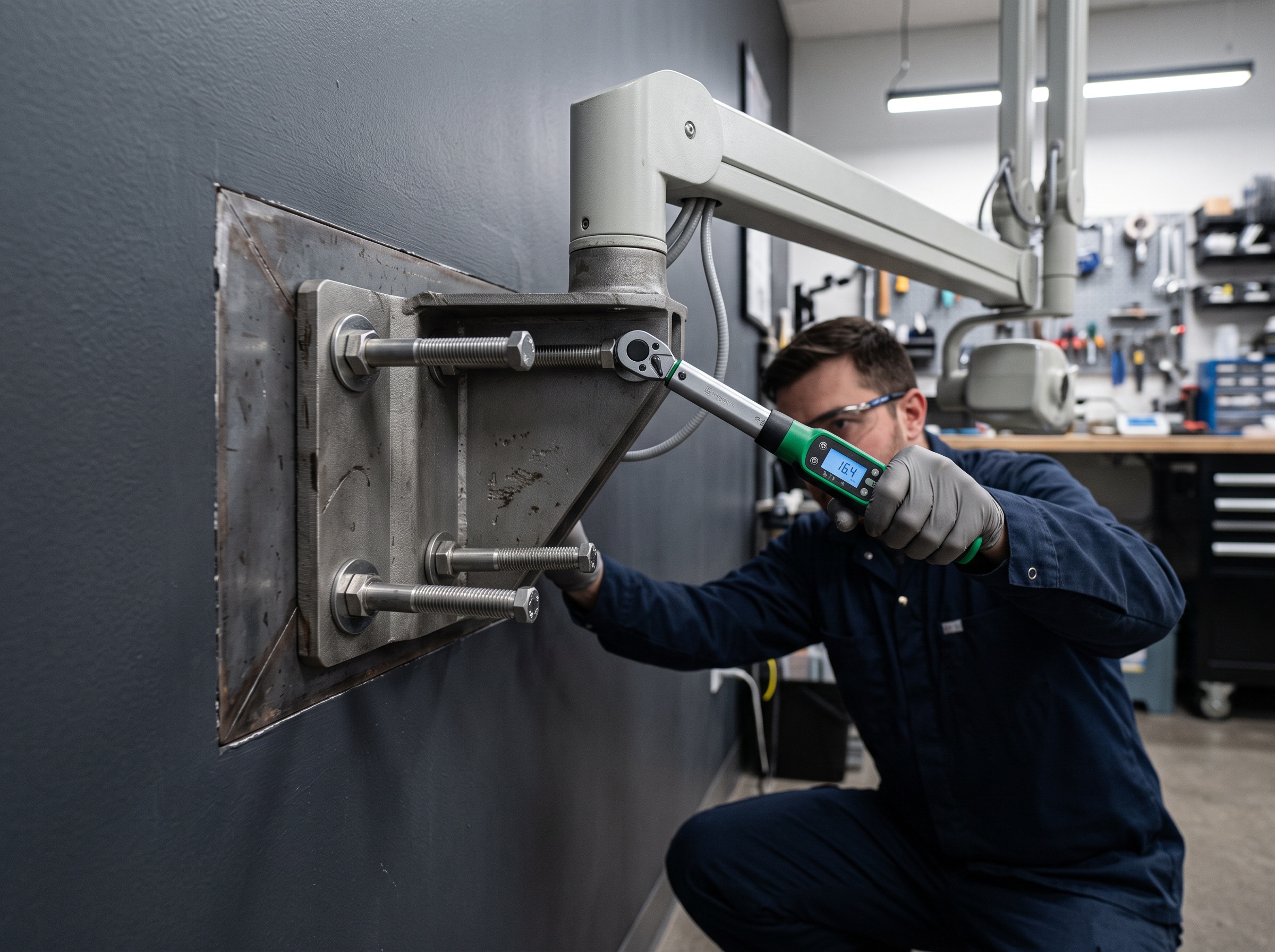 Technician checking dental X-ray arm wall-mount bracket bolts with a torque wrench