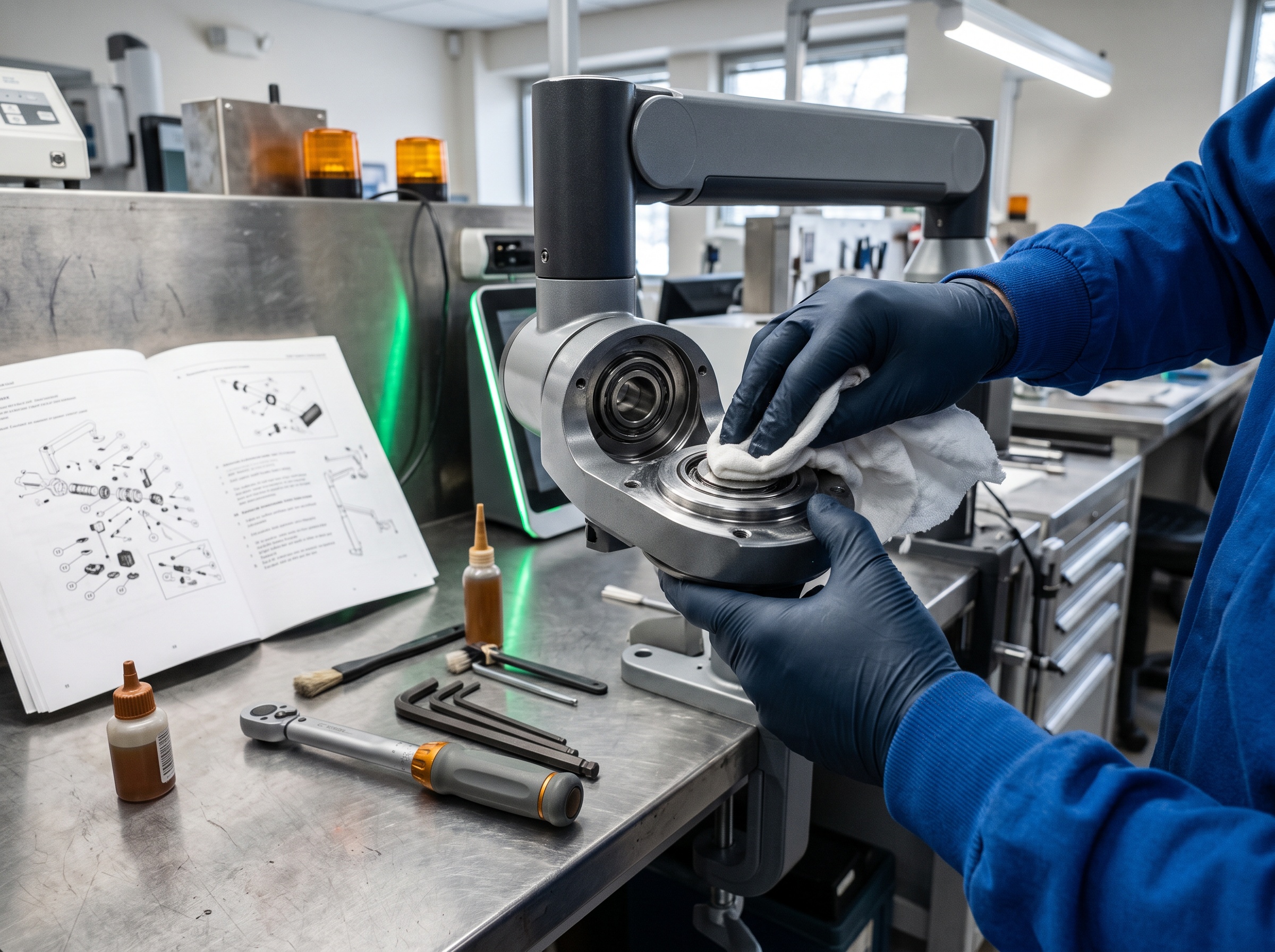 Technician cleaning contamination from the friction surfaces of a dental X-ray arm joint